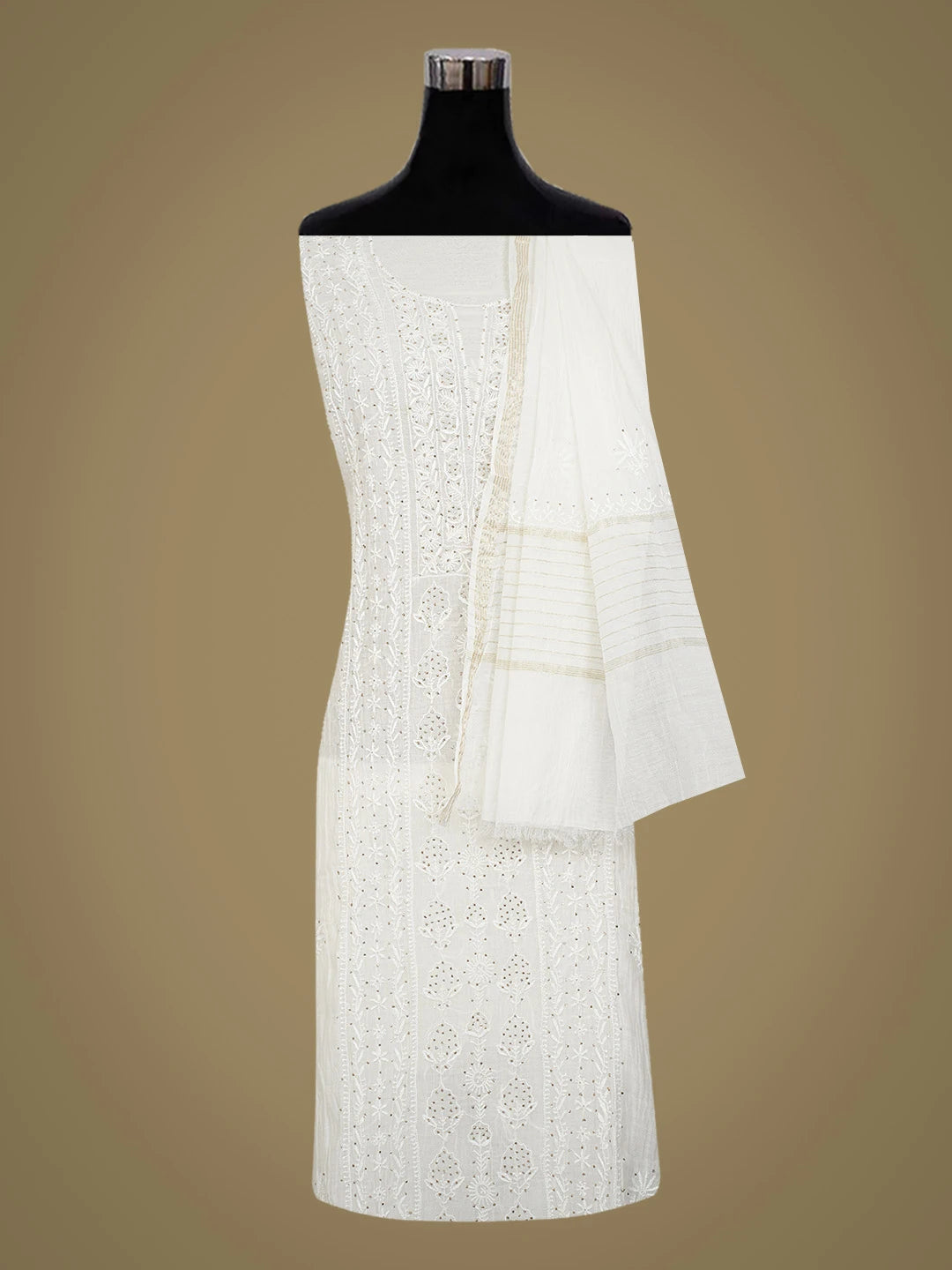 Ada Hand Embroidered Ivory White Chanderi Lucknowi Chikankari Semi-Stitched Kurta Dupatta Set With Mukaish Work 01A707330