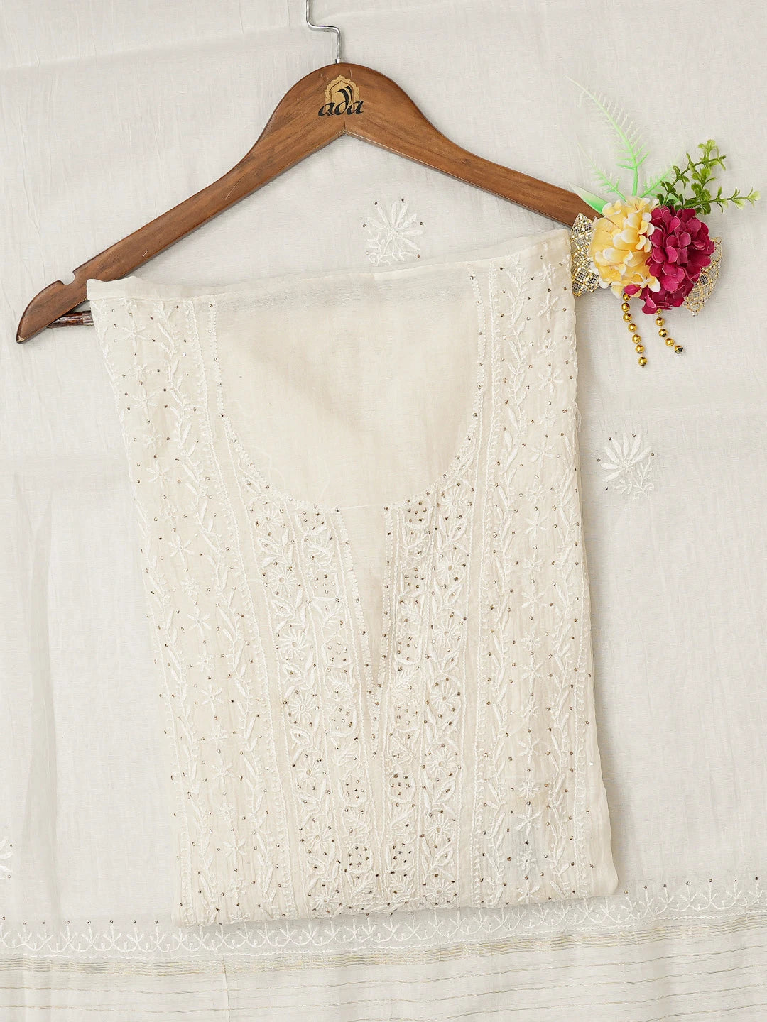 Ada Hand Embroidered Ivory White Chanderi Lucknowi Chikankari Semi-Stitched Kurta Dupatta Set With Mukaish Work 01A707330