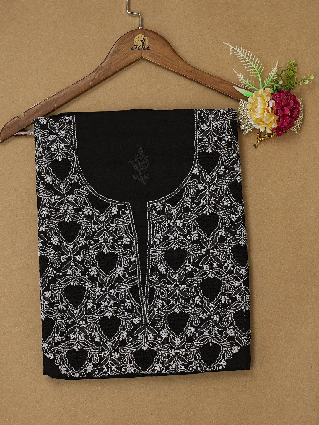 Ada Hand Embroidered Black Cotton Lucknowi Chikankari Unstitched Kurta Piece 01A607347