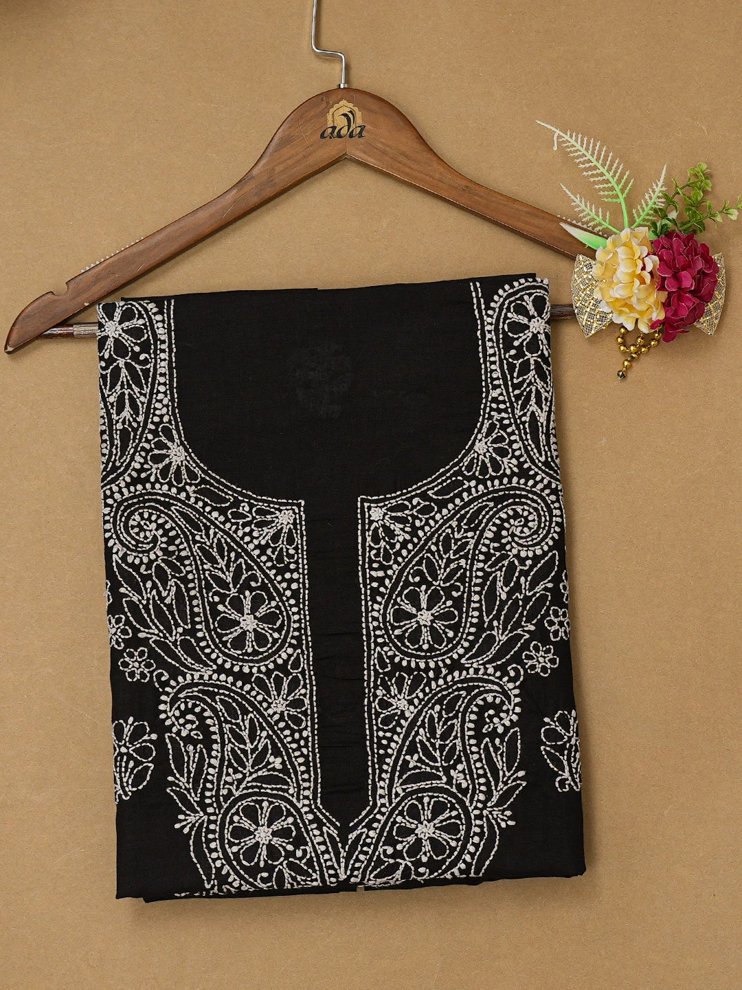 Ada Hand Embroidered Black Cotton Lucknowi Chikankari Unstitched Kurta Piece 01A704116