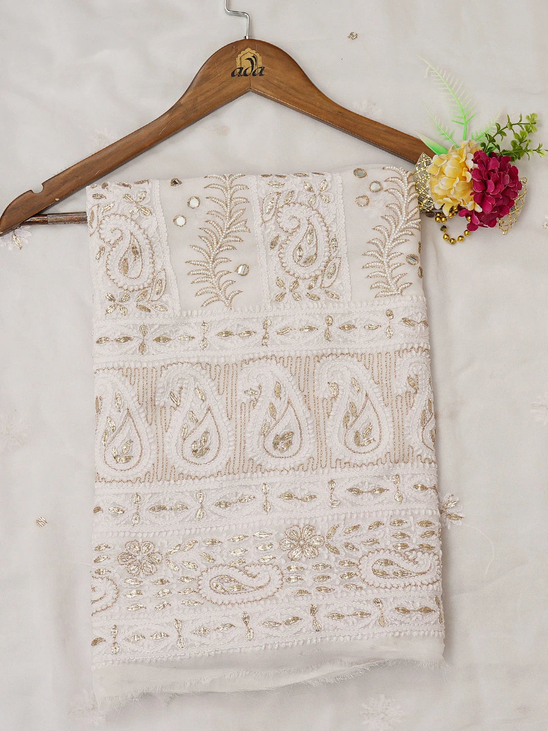 Ada Hand Embroidered Isabelline White Viscose Georgette Lucknowi Chikankari Unstitched Kurta Dupatta Set With Gota Patti Work 01A405975