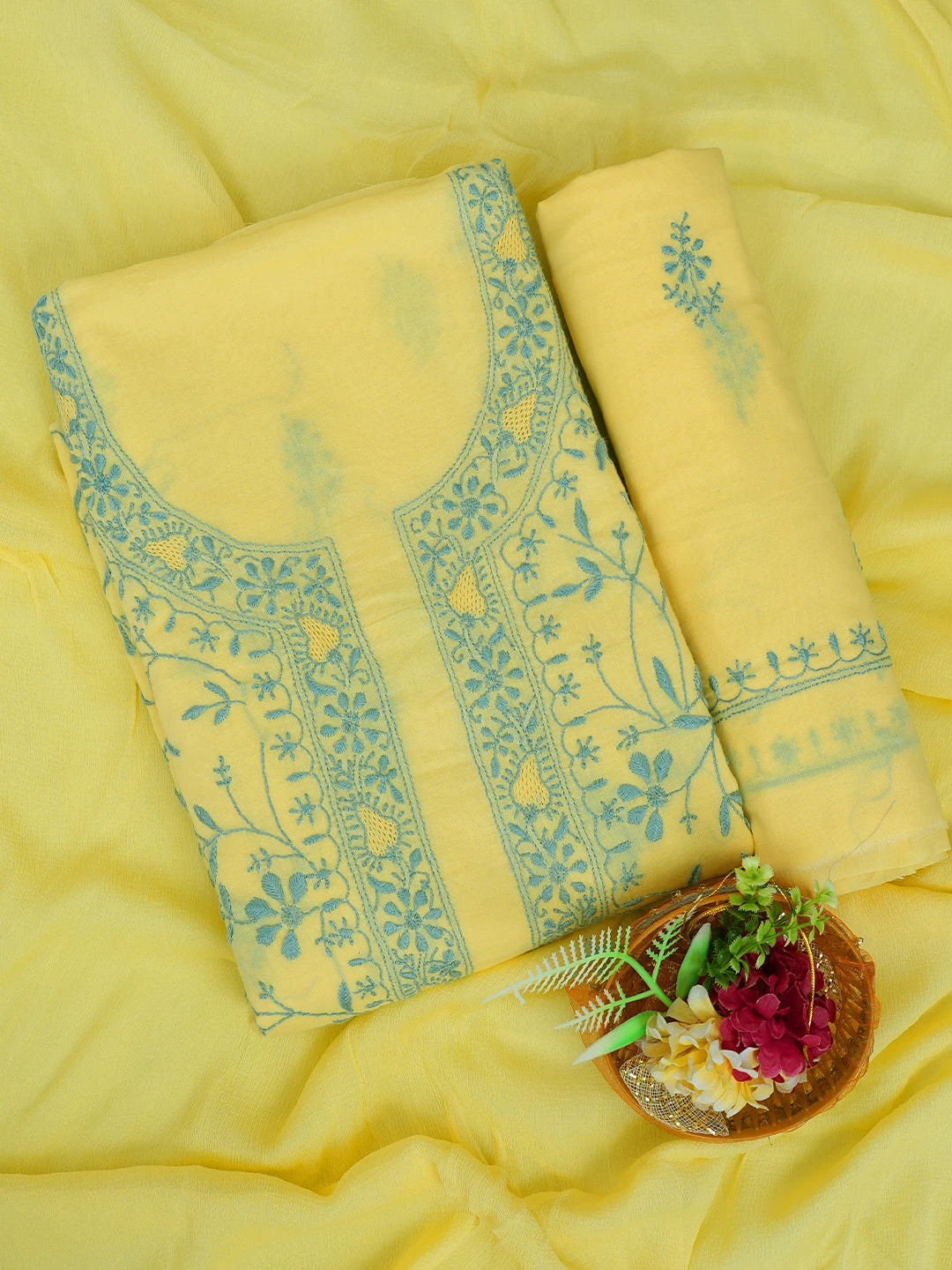 Ada Hand Embroidered Lemon Cotton Lucknowi Chikankari Unstitched Suit Piece 01A693502