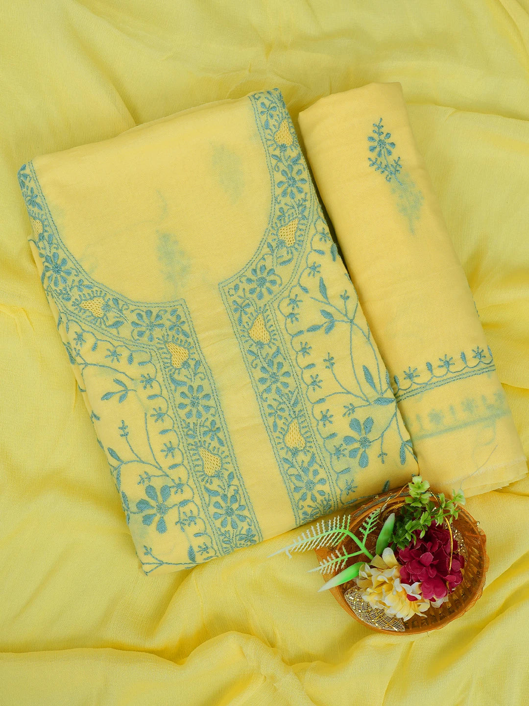 Ada Hand Embroidered Lemon Cotton Lucknowi Chikankari Unstitched Suit Piece 01A693502