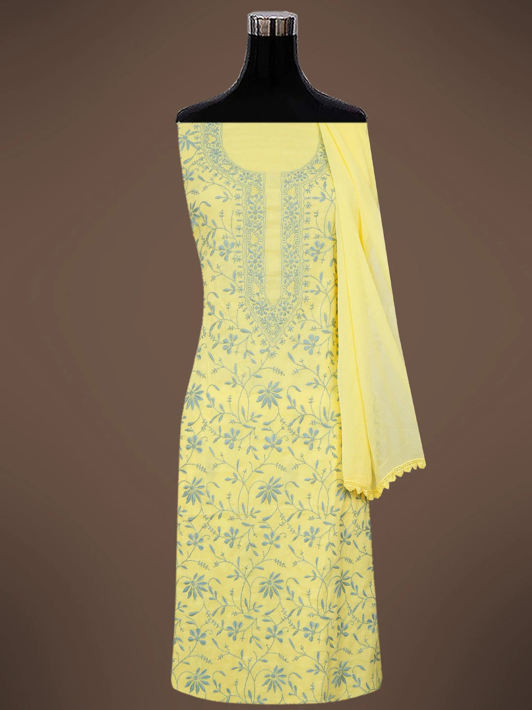 Ada Hand Embroidered Lemon Cotton Lucknowi Chikankari Unstitched Suit Piece 01A693502