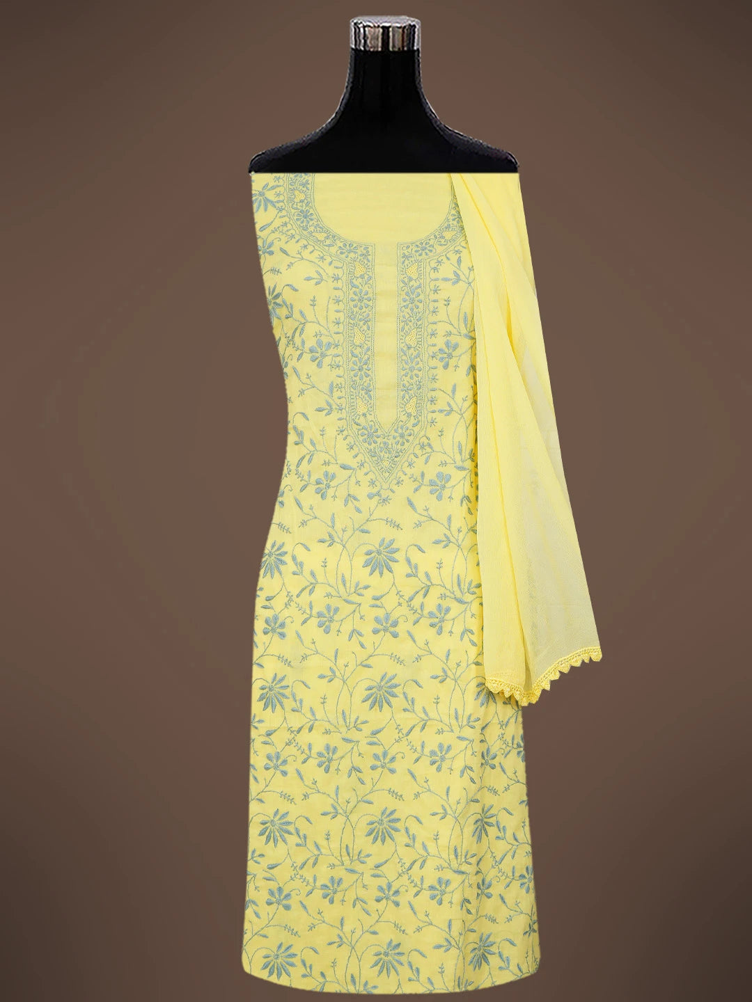 Ada Hand Embroidered Lemon Cotton Lucknowi Chikankari Unstitched Suit Piece 01A693502