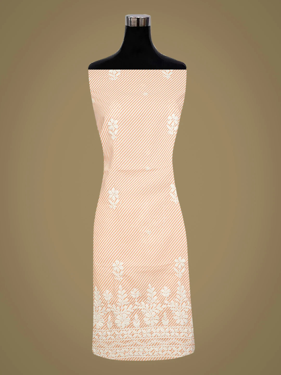 Ada Hand Embroidered Peach and White Lehariya Print Cotton Lucknowi Chikankari Unstitched Kurta Piece 01A654532