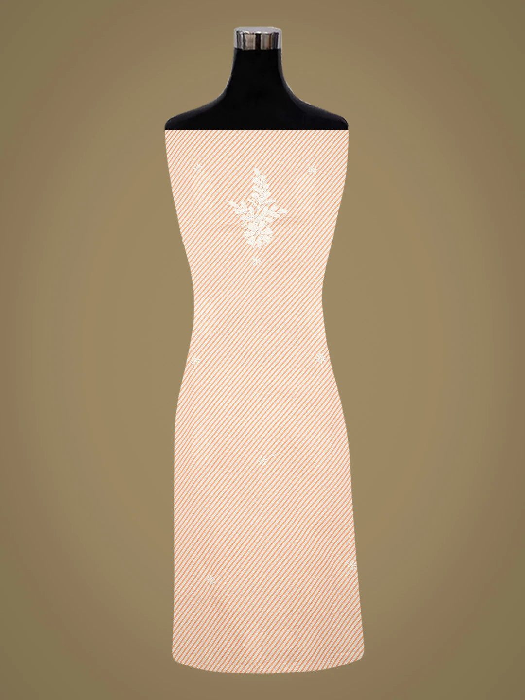 Ada Hand Embroidered Peach and White Lehariya Print Cotton Lucknowi Chikankari Unstitched Kurta Piece 01A654532