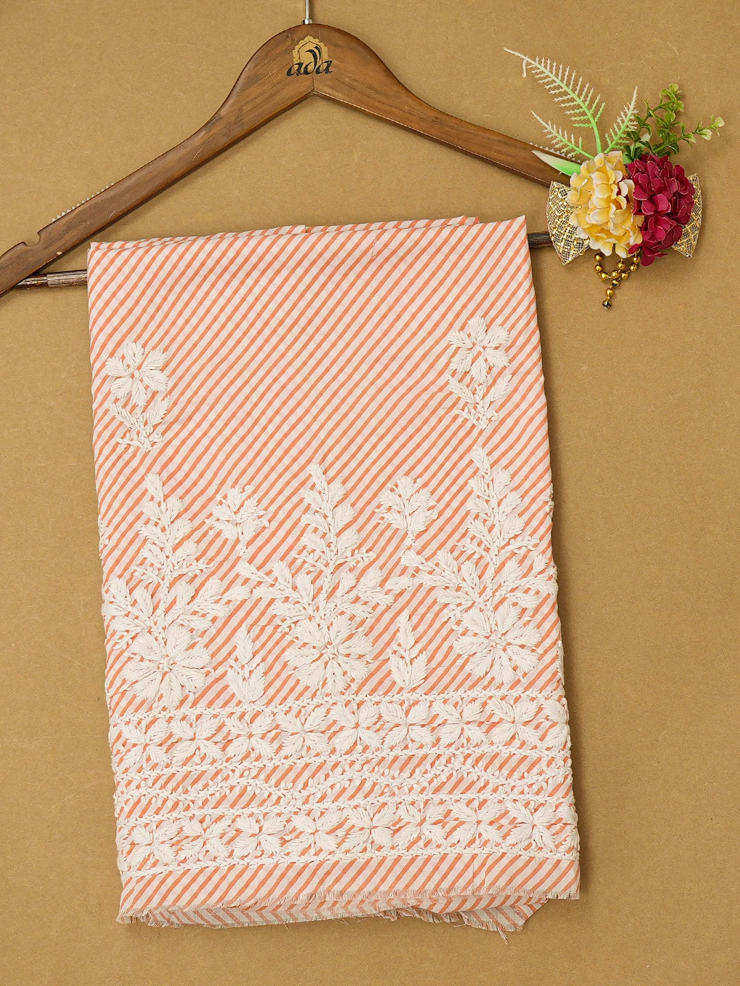 Ada Hand Embroidered Peach and White Lehariya Print Cotton Lucknowi Chikankari Unstitched Kurta Piece 01A654532