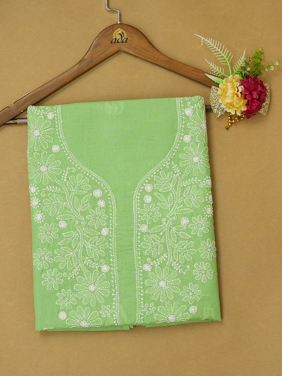 Ada Hand Embroidered Lime Green Cotton Lucknowi Chikankari Unstitched Kurta Piece 01A725135