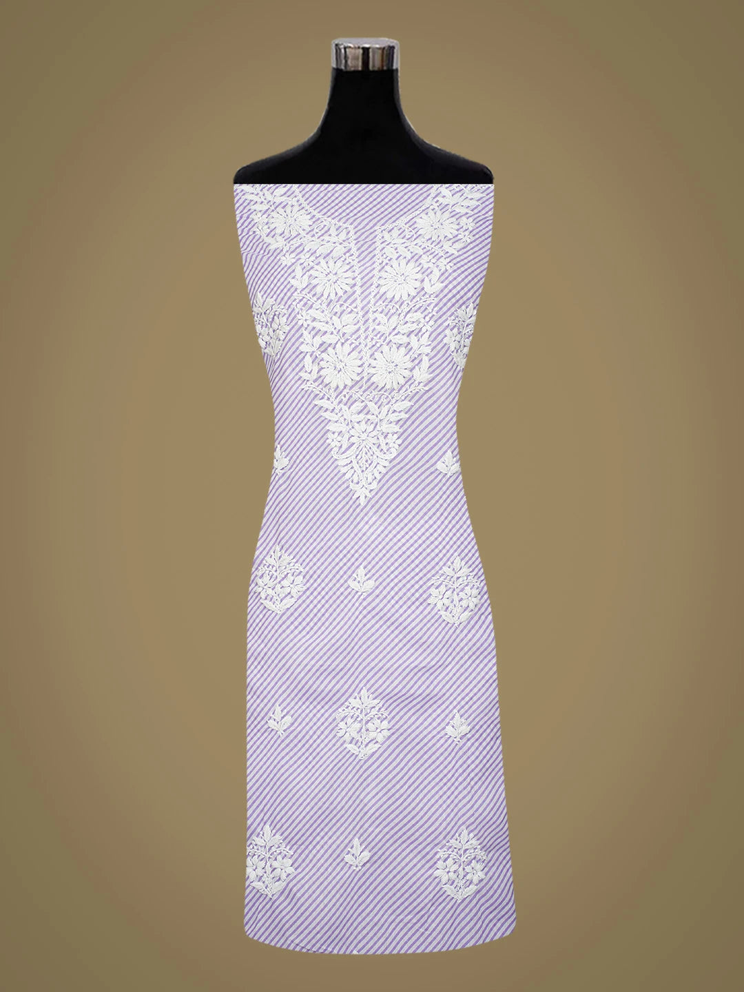 Ada Hand Embroidered Mauve and White Lehariya Print Cotton Lucknowi Chikankari Unstitched Kurta Piece 01A658424