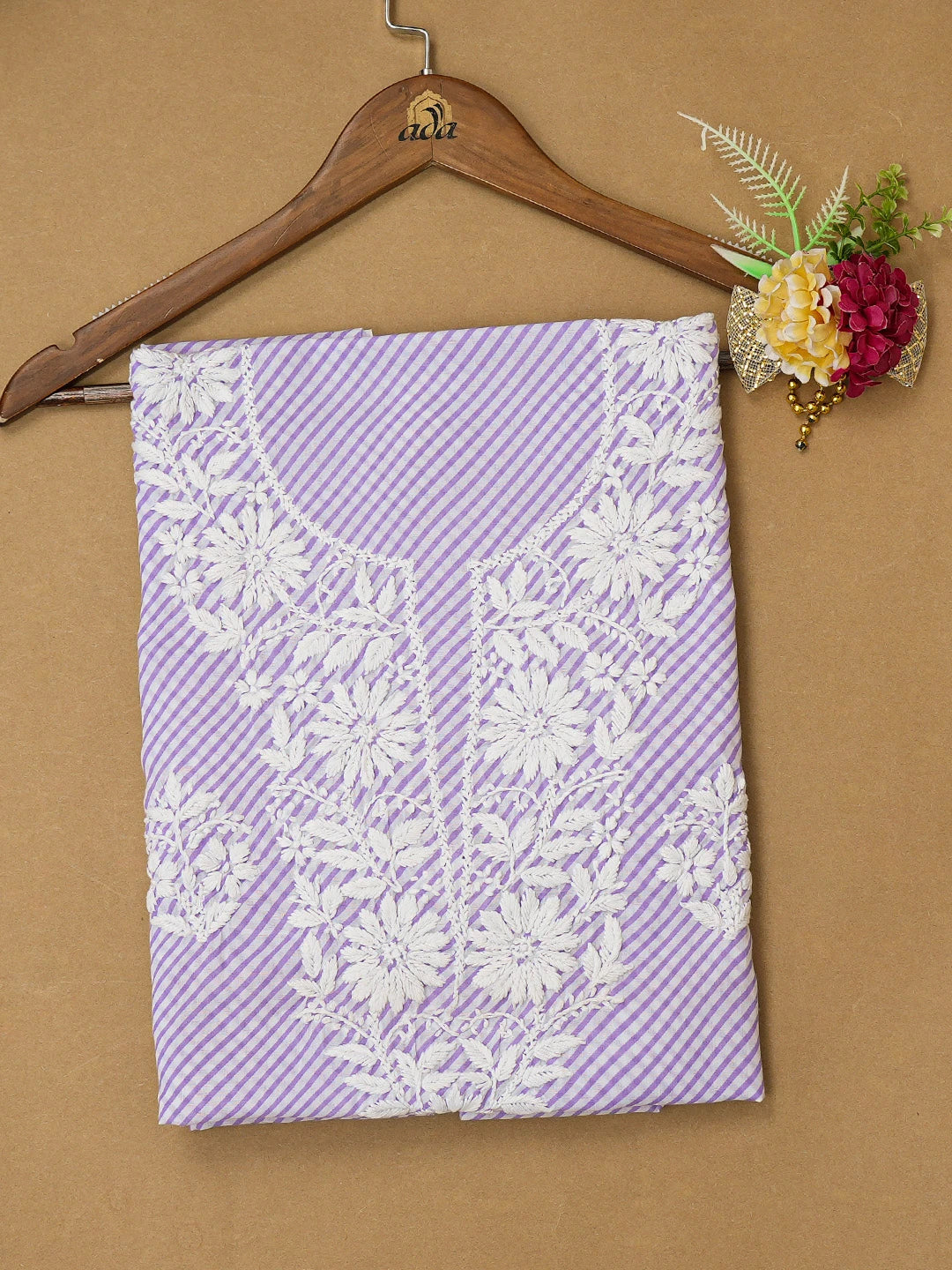 Ada Hand Embroidered Mauve and White Lehariya Print Cotton Lucknowi Chikankari Unstitched Kurta Piece 01A658424