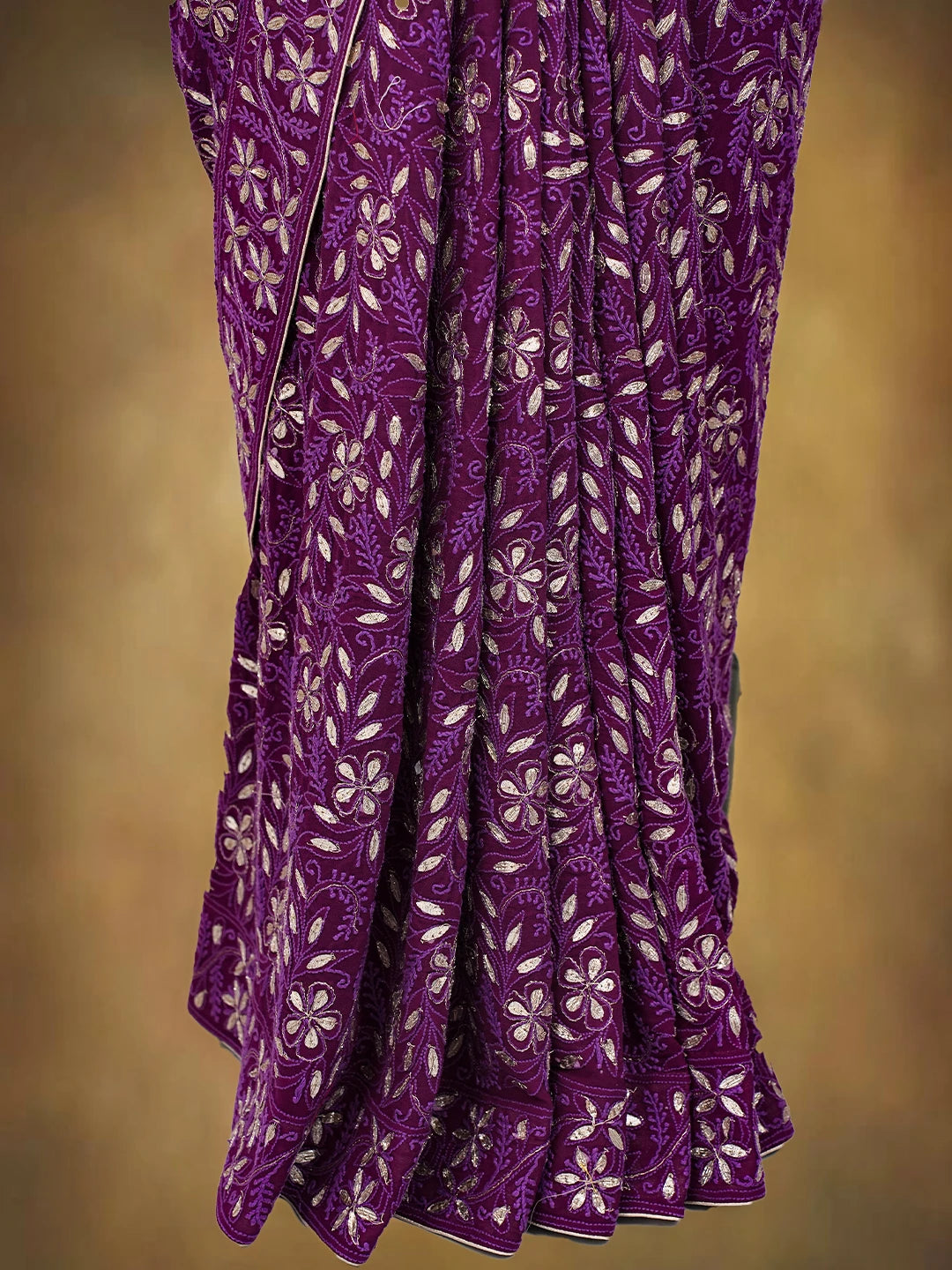 Ada Hand Embroidered Dark Purple (Jamuni) Pure Georgette Lucknowi Chikankari Saree and Blouse With Gotta Patti Work 01A334502