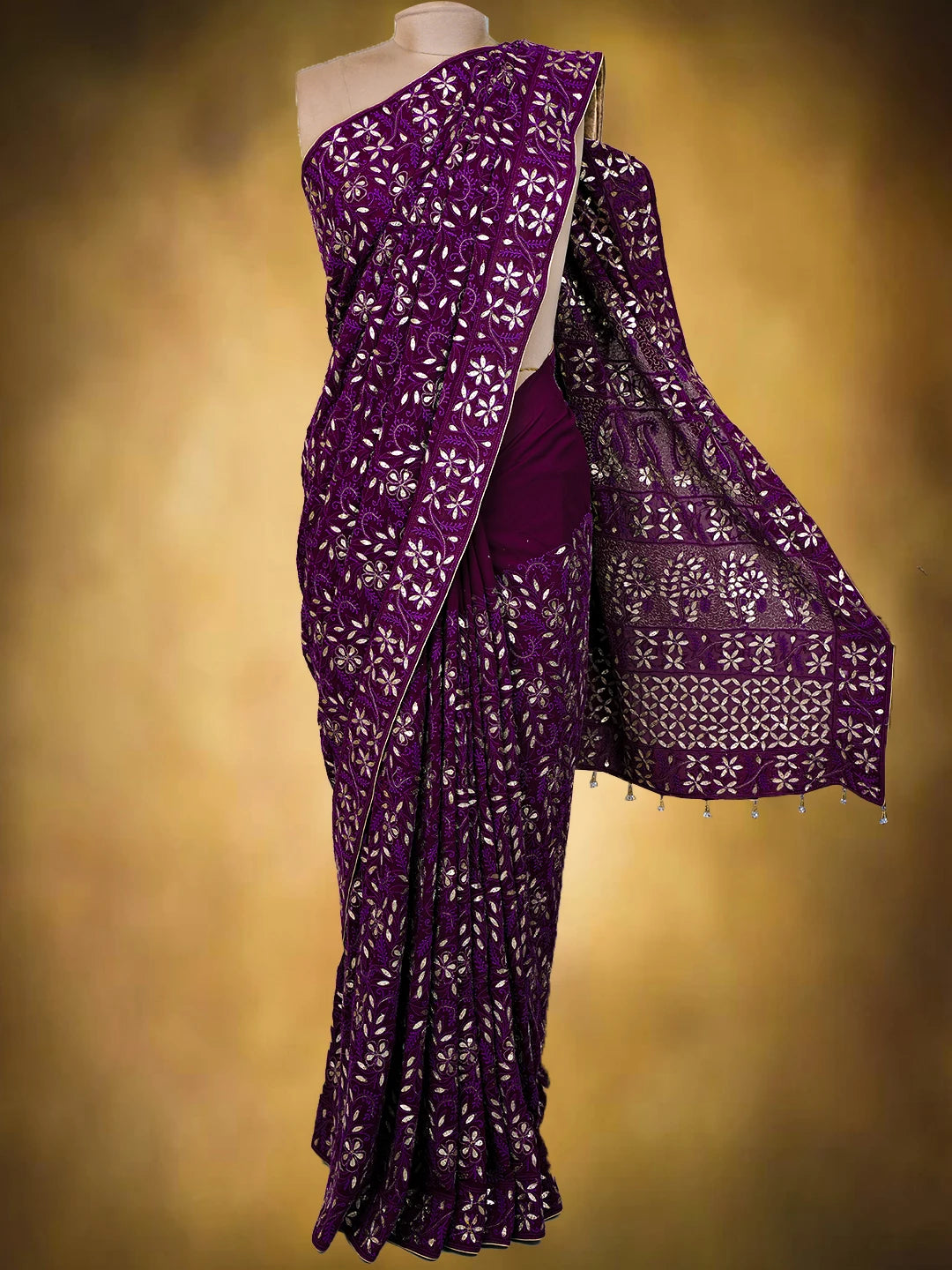 Ada Hand Embroidered Dark Purple (Jamuni) Pure Georgette Lucknowi Chikankari Saree and Blouse With Gotta Patti Work 01A334502