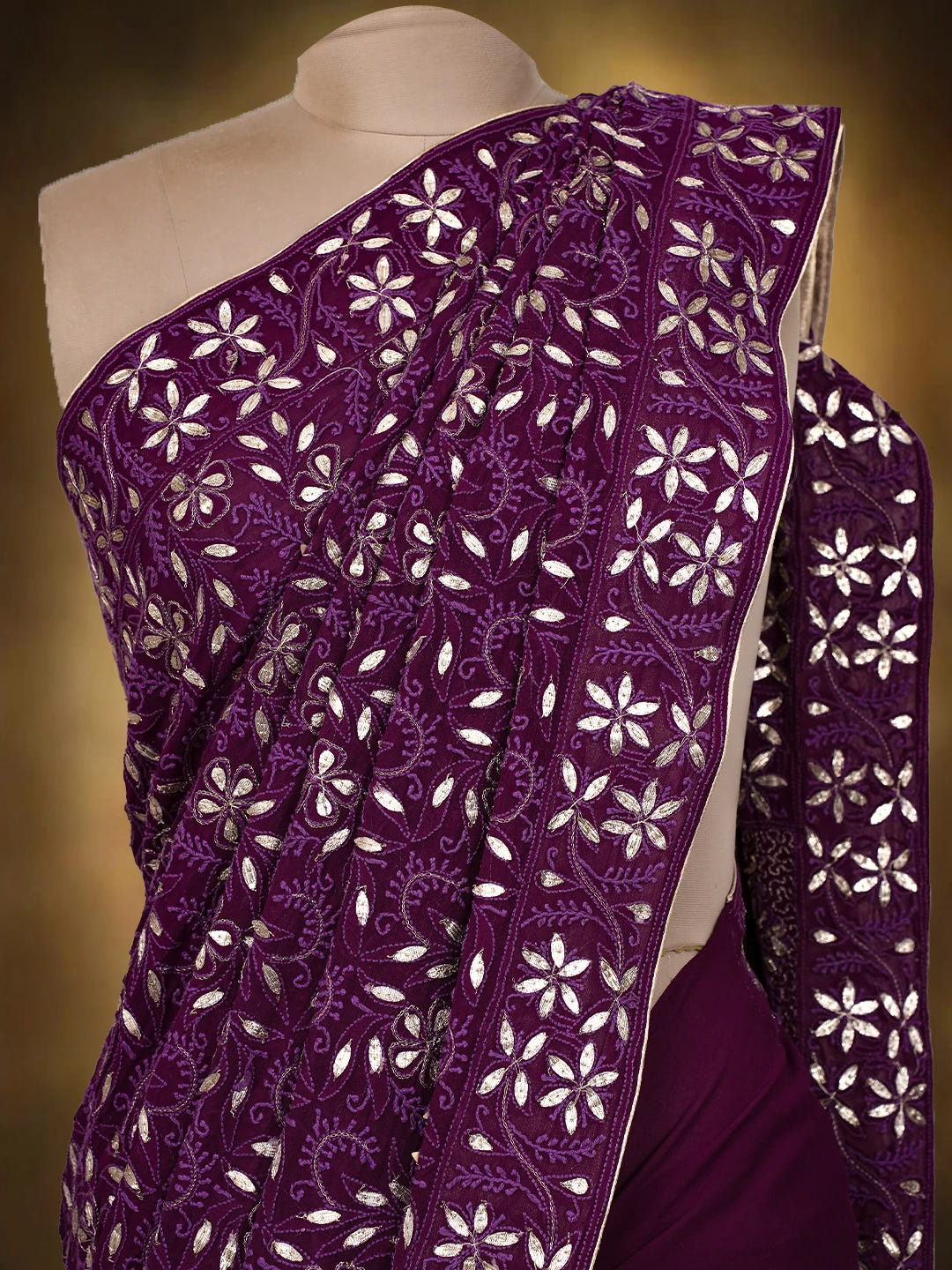 Ada Hand Embroidered Dark Purple (Jamuni) Pure Georgette Lucknowi Chikankari Saree and Blouse With Gotta Patti Work 01A334502
