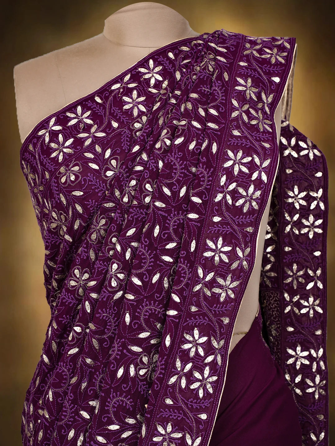 Ada Hand Embroidered Dark Purple (Jamuni) Pure Georgette Lucknowi Chikankari Saree and Blouse With Gotta Patti Work 01A334502