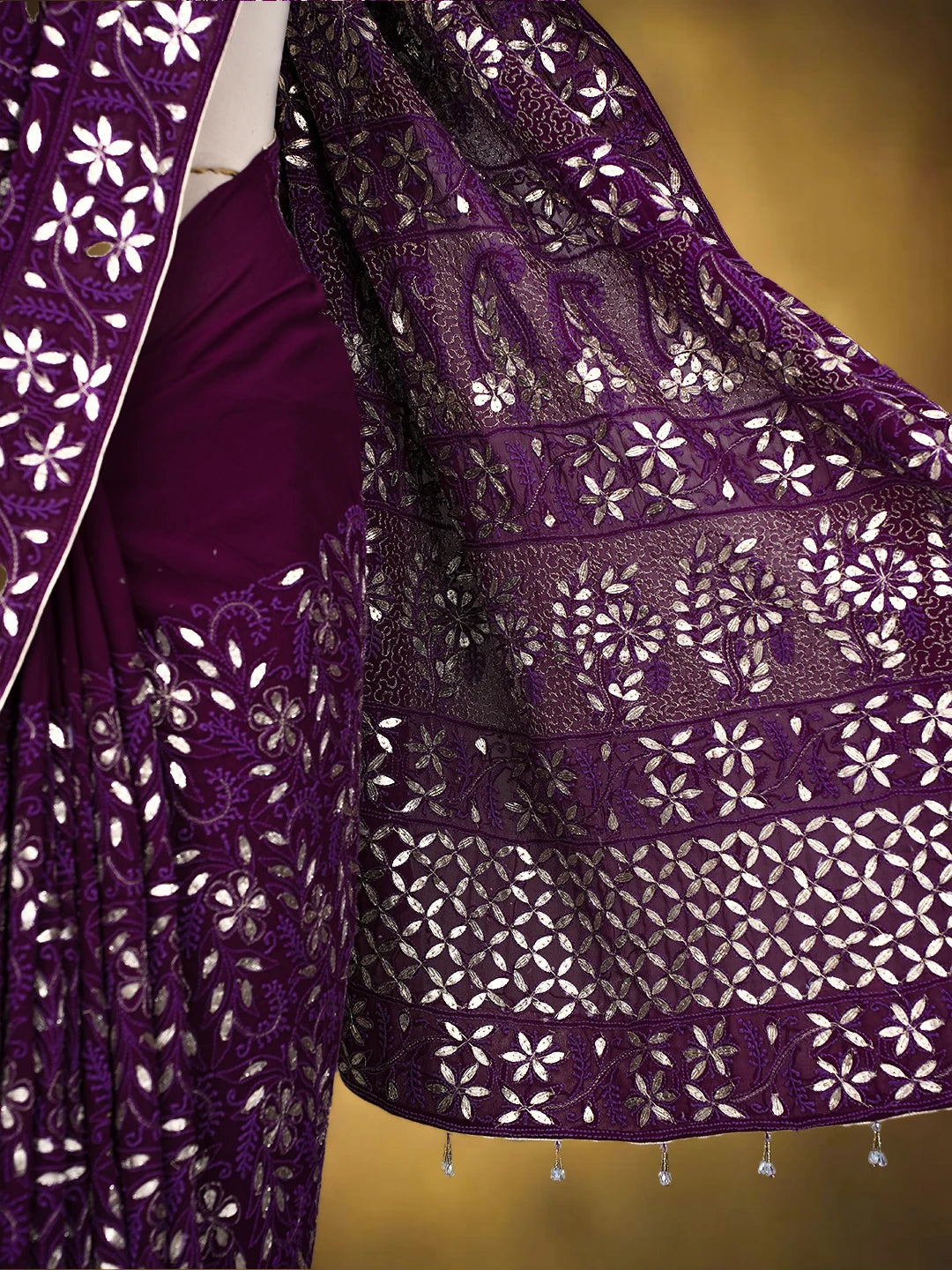 Ada Hand Embroidered Dark Purple (Jamuni) Pure Georgette Lucknowi Chikankari Saree and Blouse With Gotta Patti Work 01A334502