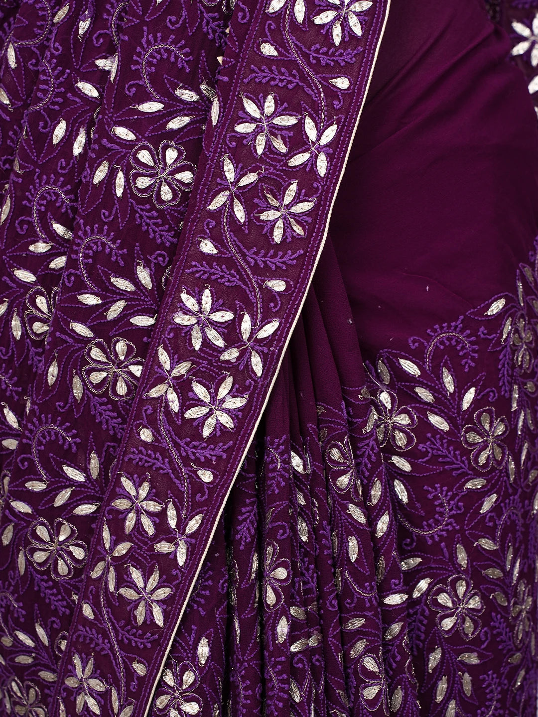 Ada Hand Embroidered Dark Purple (Jamuni) Pure Georgette Lucknowi Chikankari Saree and Blouse With Gotta Patti Work 01A334502