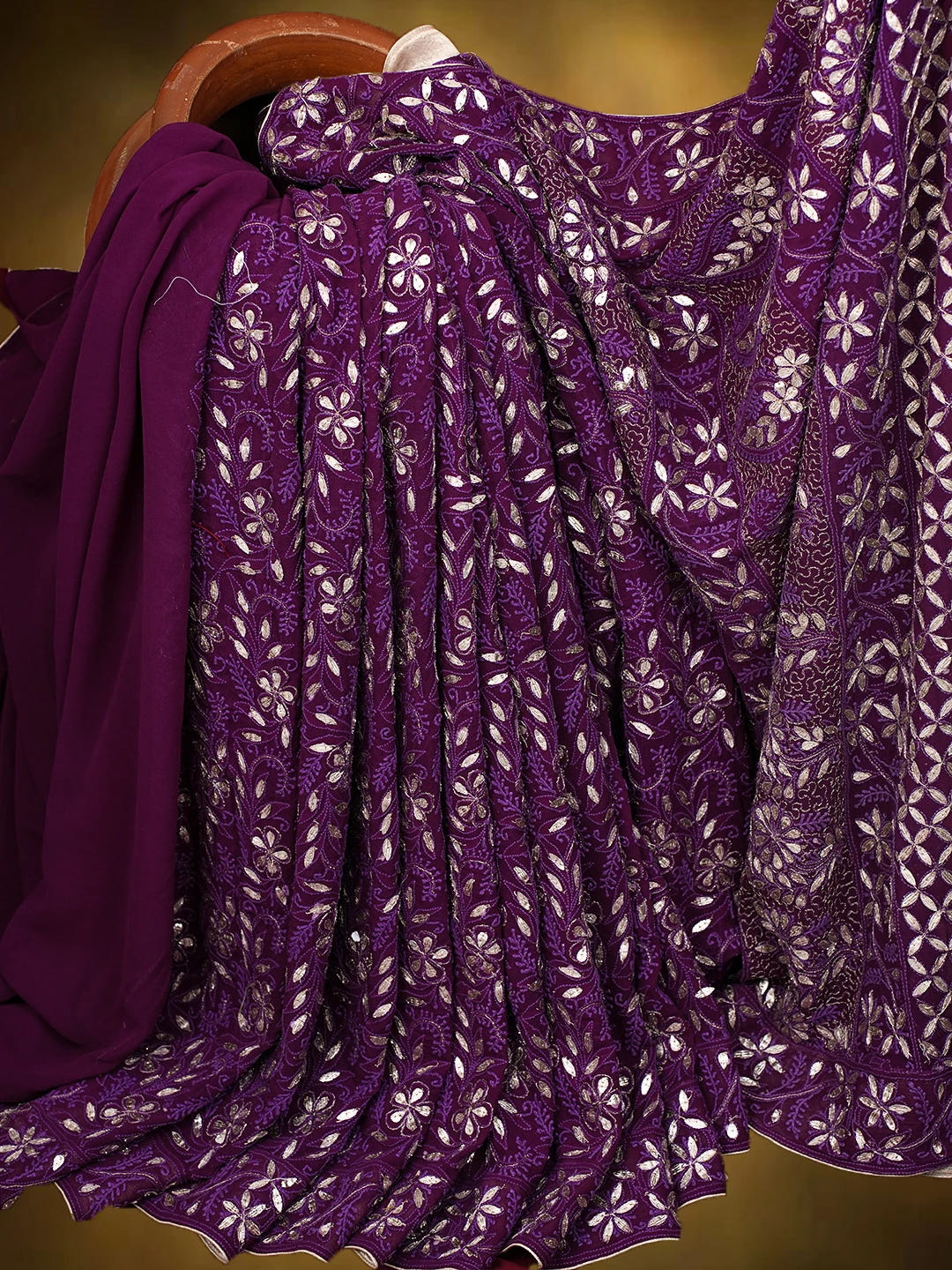 Ada Hand Embroidered Dark Purple (Jamuni) Pure Georgette Lucknowi Chikankari Saree and Blouse With Gotta Patti Work 01A334502