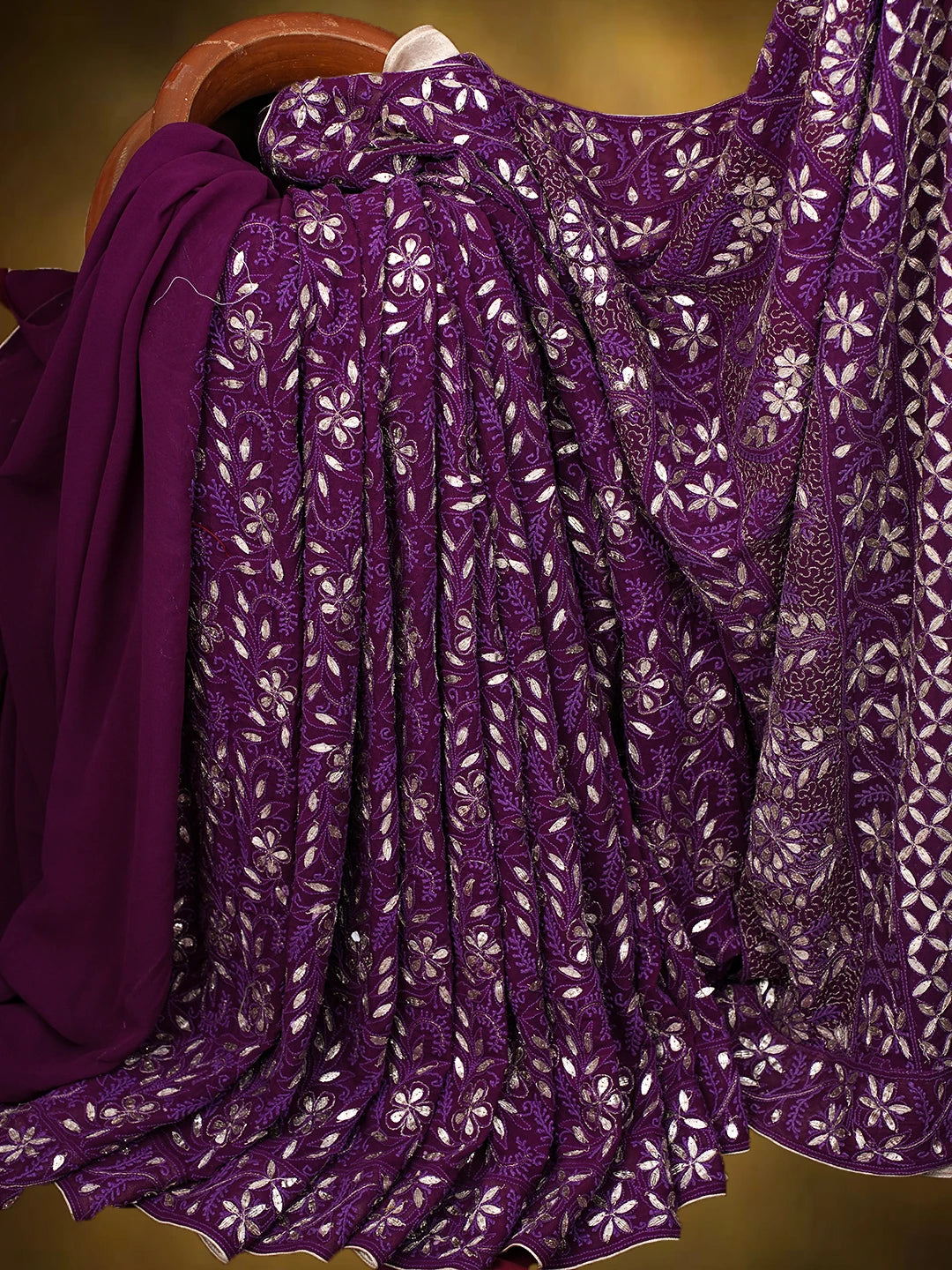 Ada Hand Embroidered Dark Purple (Jamuni) Pure Georgette Lucknowi Chikankari Saree and Blouse With Gotta Patti Work 01A334502