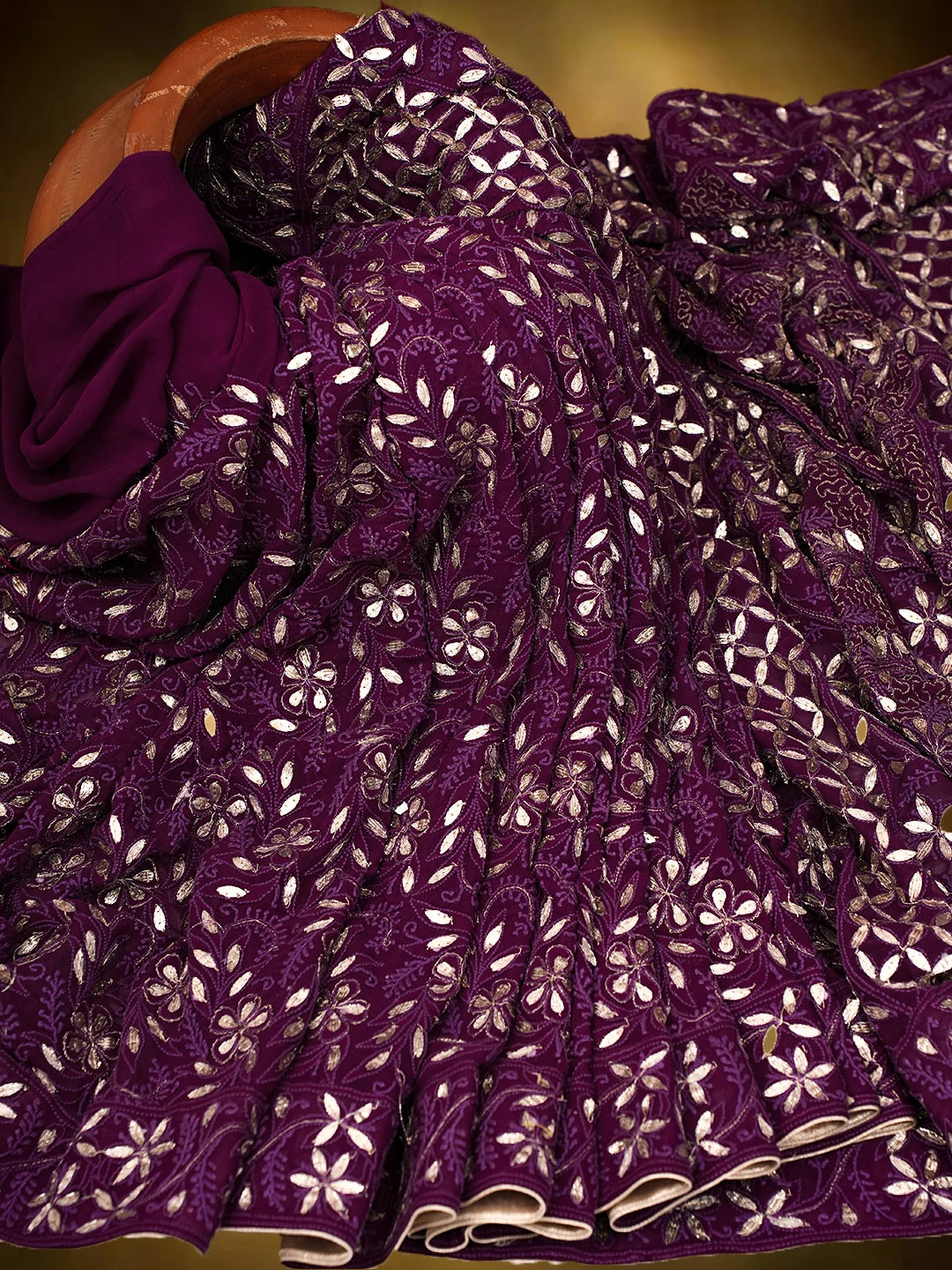 Ada Hand Embroidered Dark Purple (Jamuni) Pure Georgette Lucknowi Chikankari Saree and Blouse With Gotta Patti Work 01A334502
