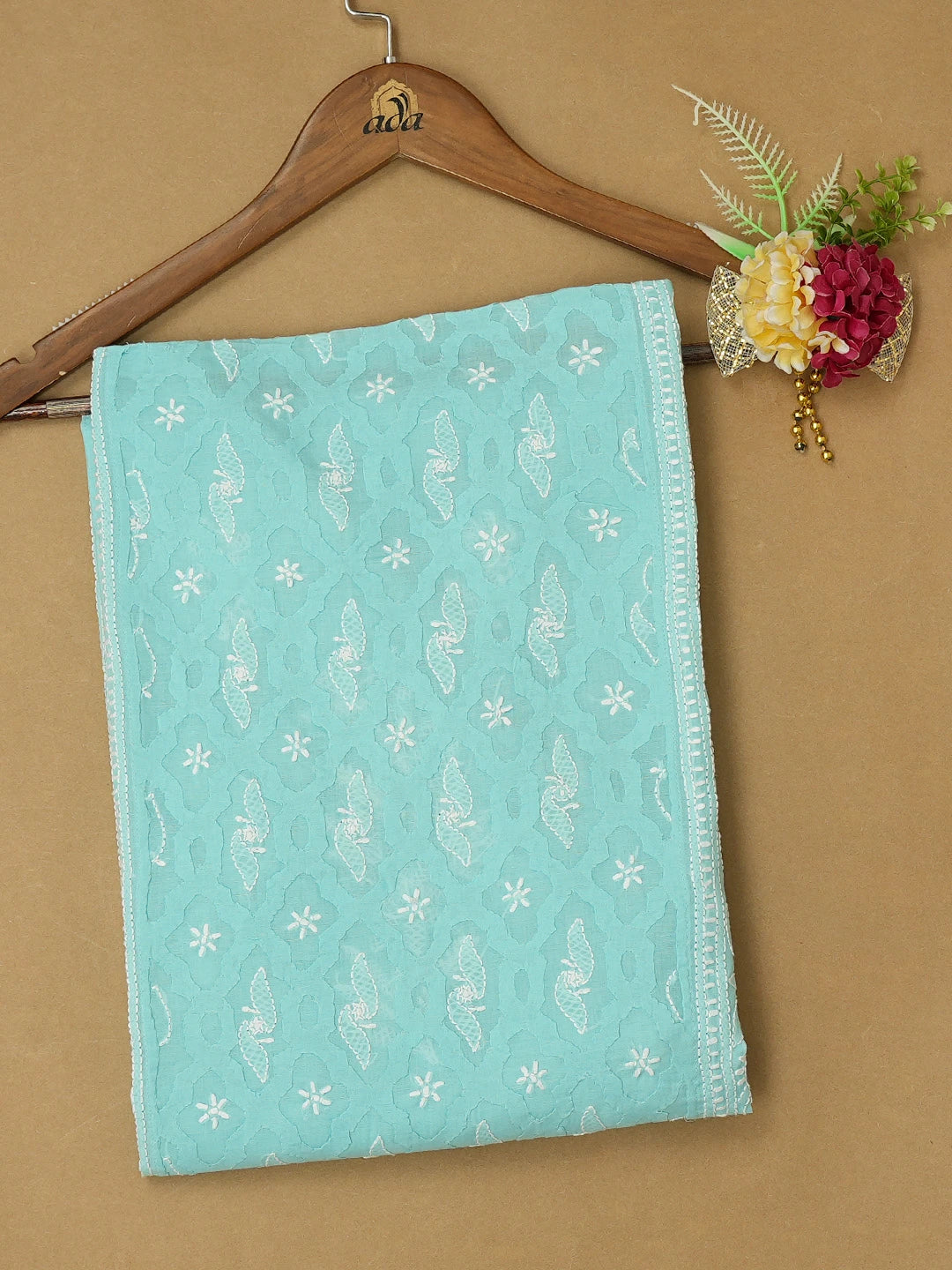 Ada Hand Embroidered Blue Cotton Lucknowi Chikankari Semi-Stitched Kurta Piece 01A723350