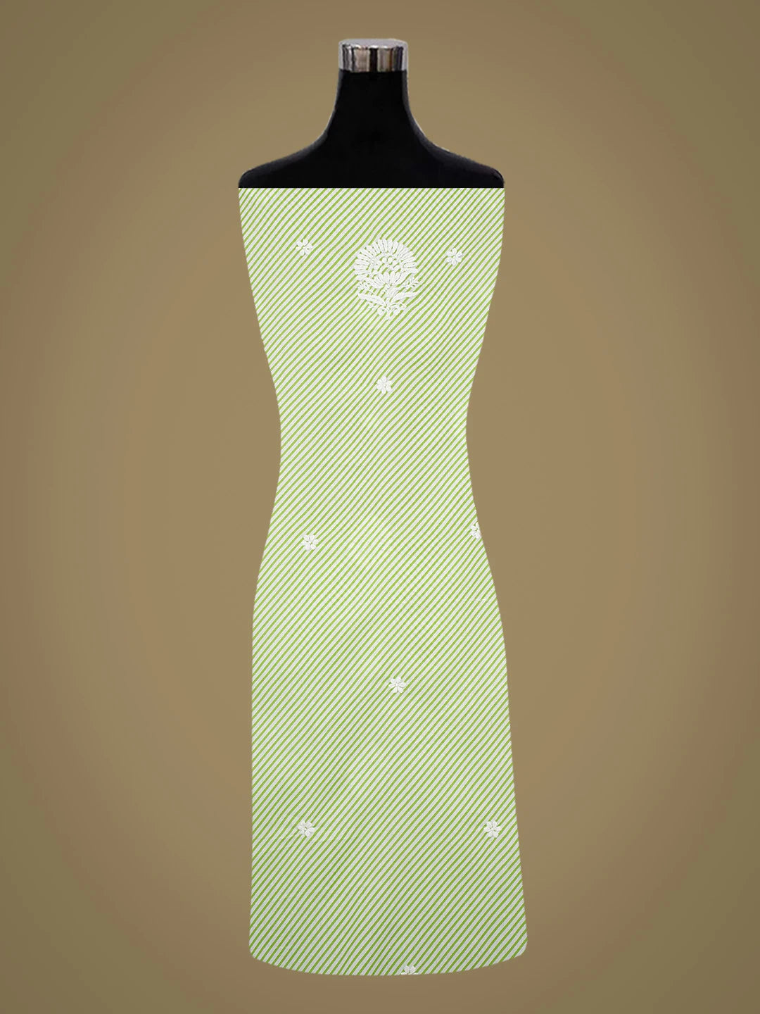 Ada Hand Embroidered Green and White Lehariya Print Cotton Lucknowi Chikankari Unstitched Kurta Piece 01A654536