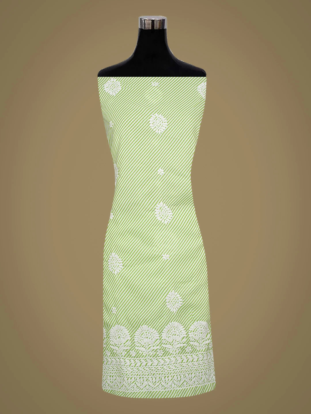 Ada Hand Embroidered Green and White Lehariya Print Cotton Lucknowi Chikankari Unstitched Kurta Piece 01A654536