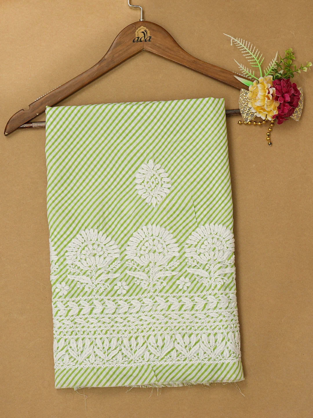 Ada Hand Embroidered Green and White Lehariya Print Cotton Lucknowi Chikankari Unstitched Kurta Piece 01A654536