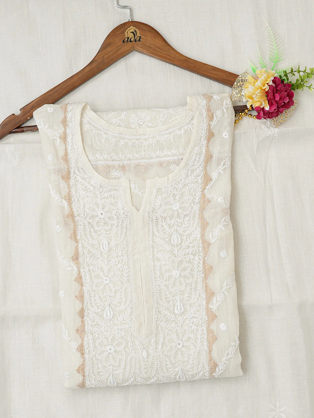 Ada Hand Embroidered Ivory White Chanderi Lucknowi Chikankari Semi-Stitched Kurta Dupatta Set 01A703164