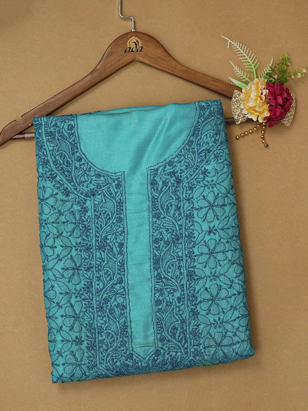 Ada Hand Embroidered Bondi Blue Silk  Lucknowi Chikankari Unstitched Kurta Piece 01A604518