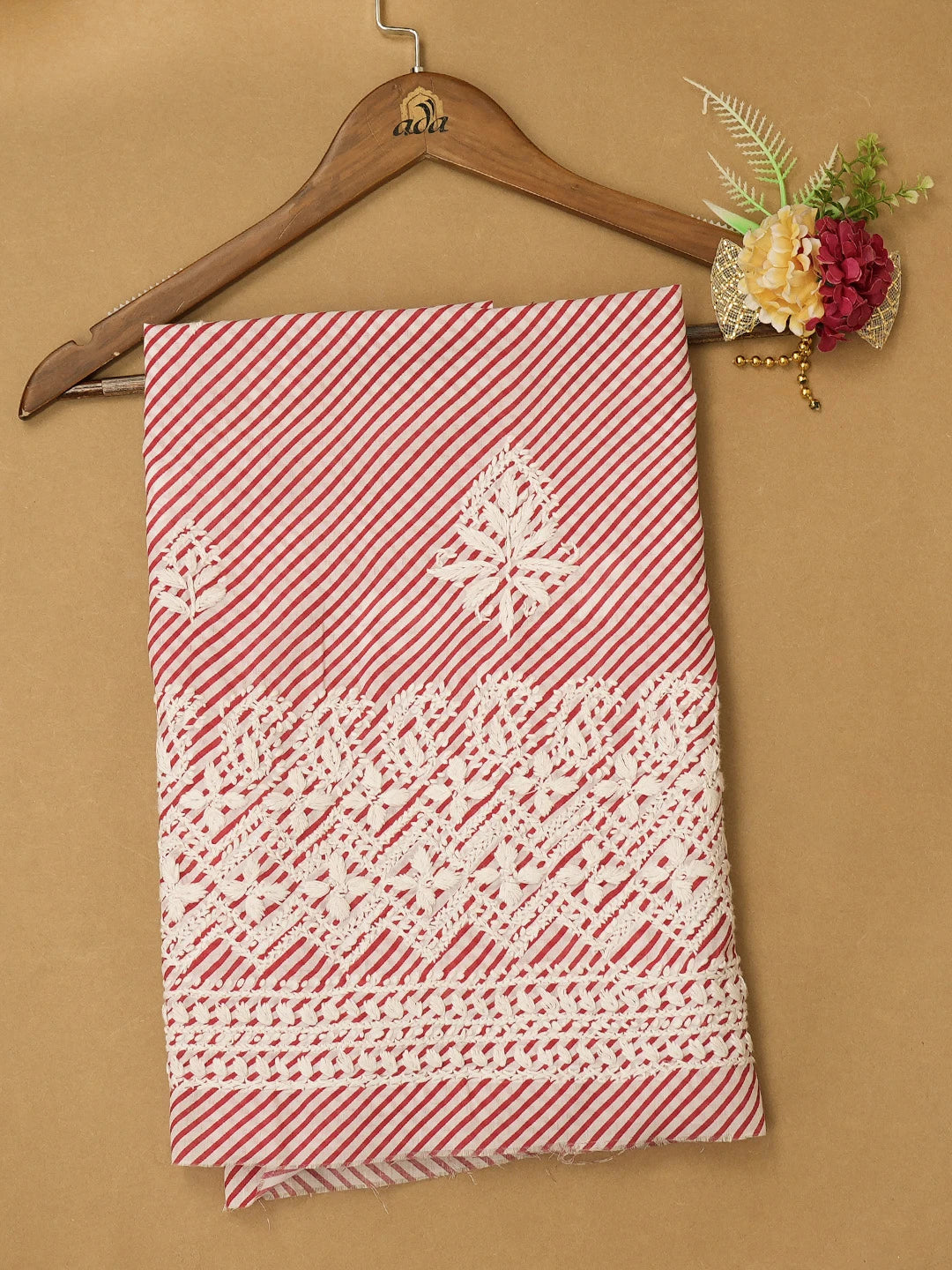 Ada Hand Embroidered Red and White Lehariya Print Cotton Lucknowi Chikankari Unstitched Kurta Piece 01A654514