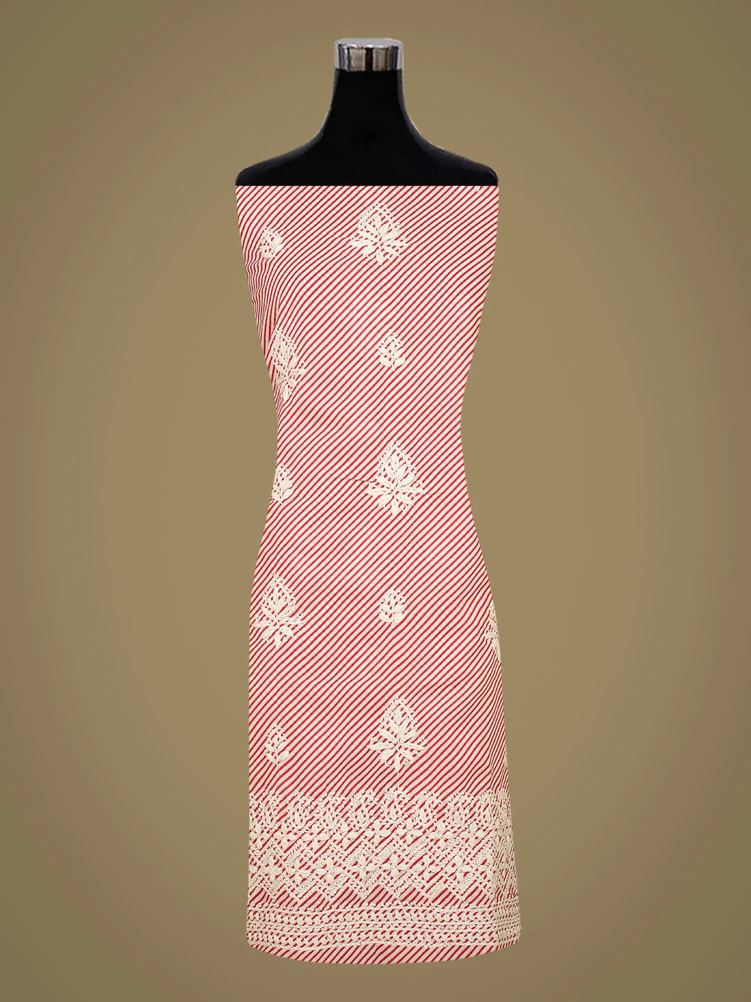 Ada Hand Embroidered Red and White Lehariya Print Cotton Lucknowi Chikankari Unstitched Kurta Piece 01A654514