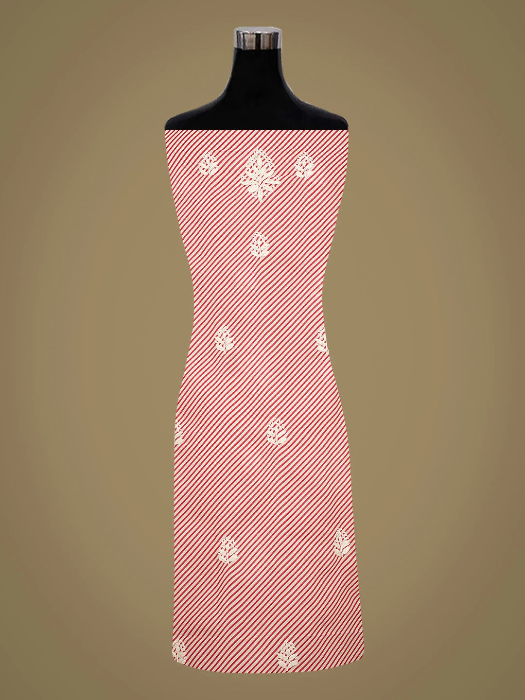 Ada Hand Embroidered Red and White Lehariya Print Cotton Lucknowi Chikankari Unstitched Kurta Piece 01A654514