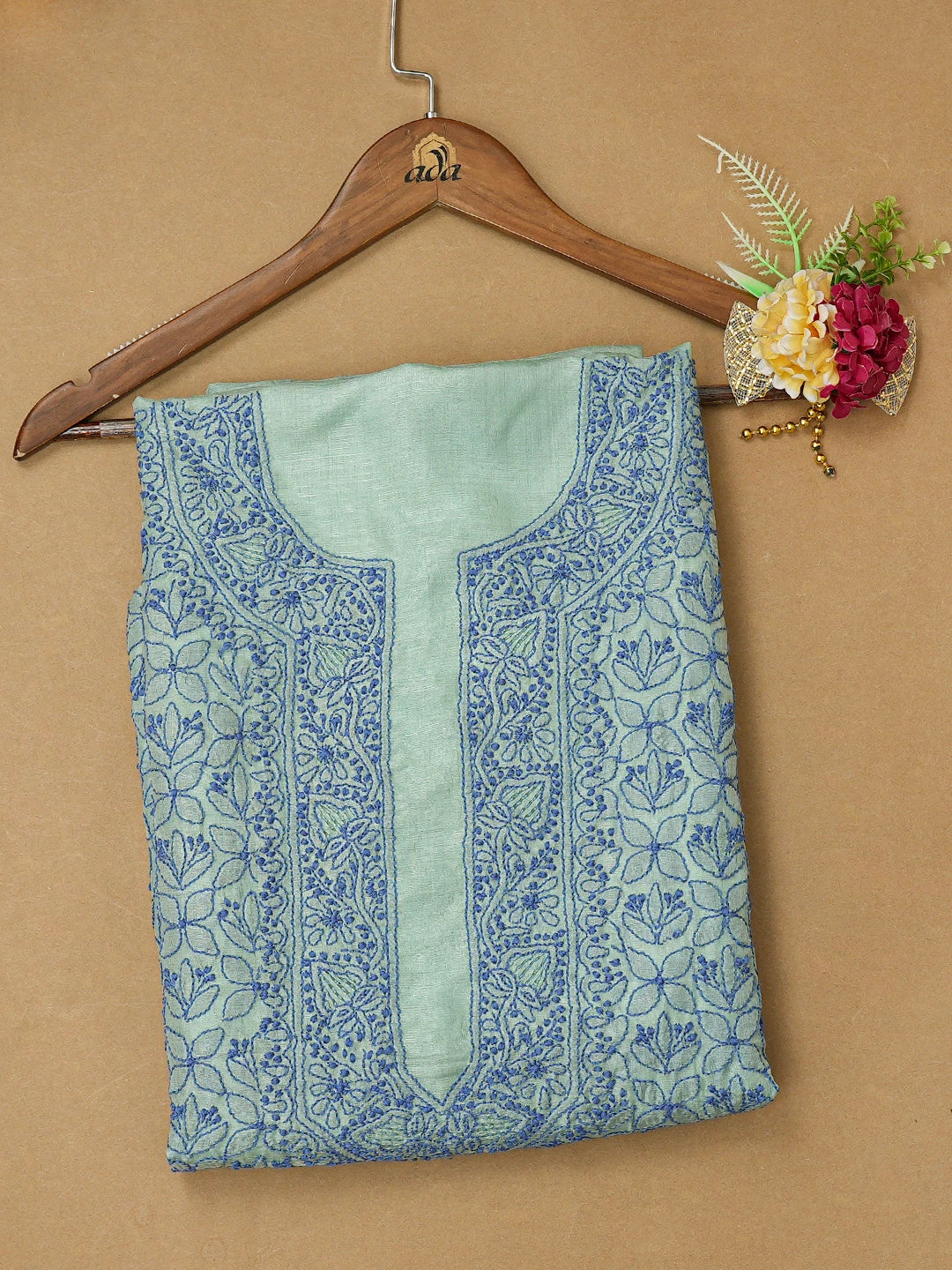 Ada Hand Embroidered Cambridge Blue Silk Lucknowi Chikankari Unstitched Kurta Piece 01A722145