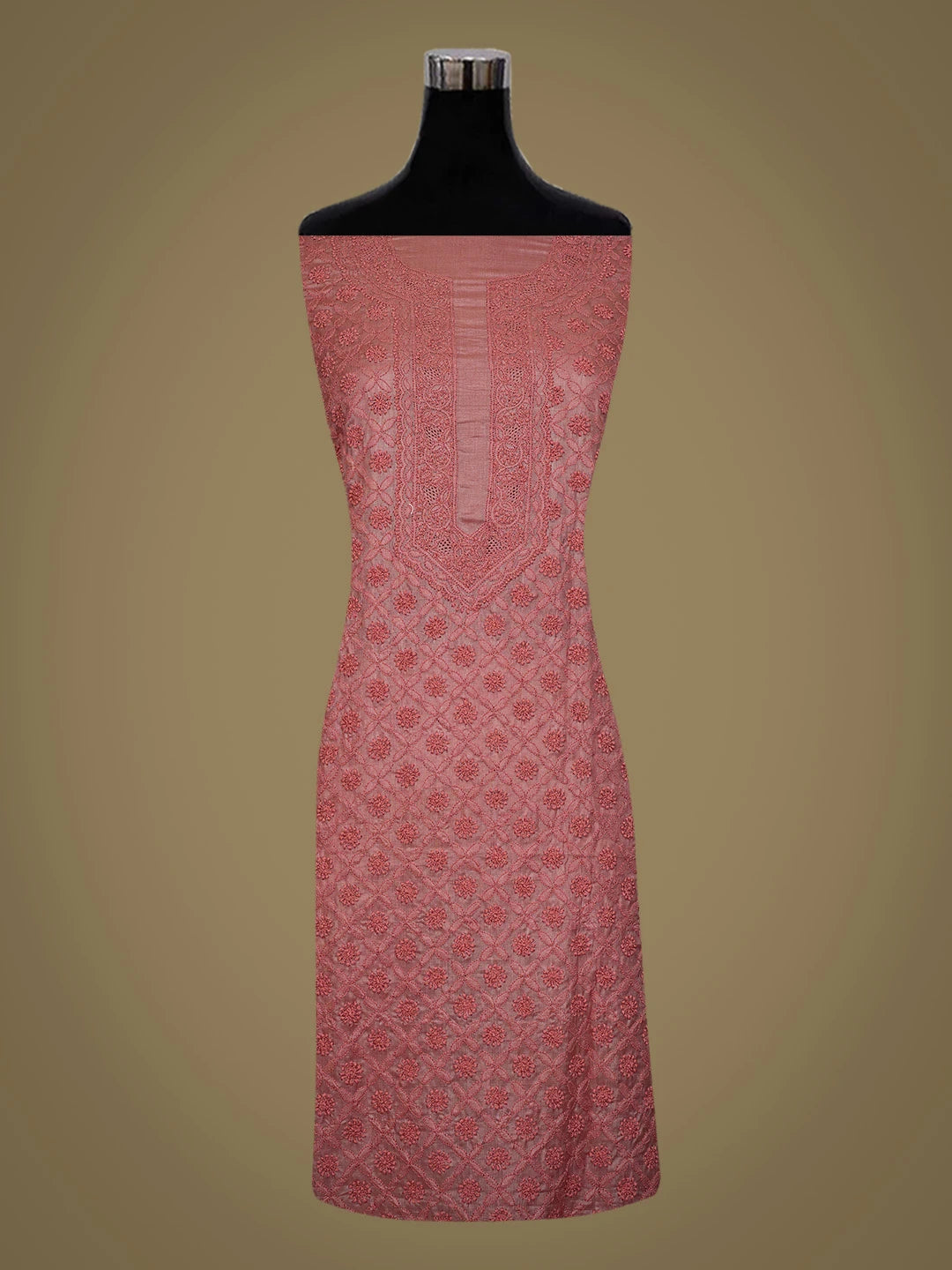 Ada Hand Embroidered Rose Vale Pink Silk Lucknowi Chikankari Unstitched Kurta Piece 01A722166