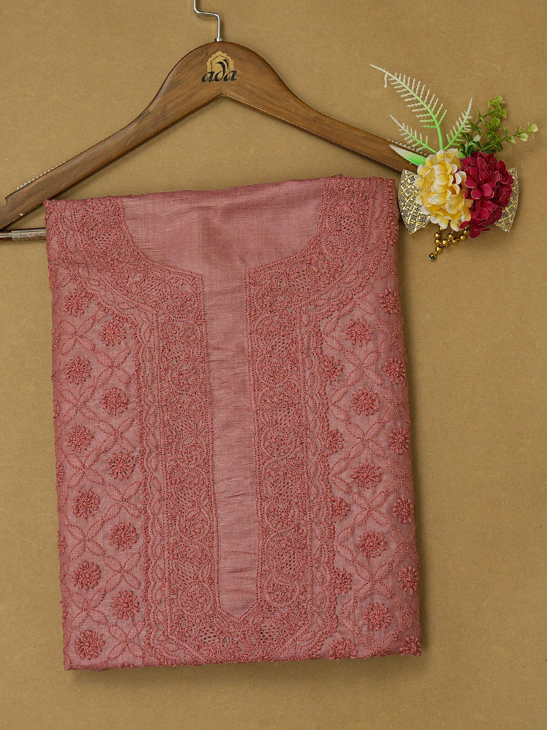 Ada Hand Embroidered Rose Vale Pink Silk Lucknowi Chikankari Unstitched Kurta Piece 01A722166