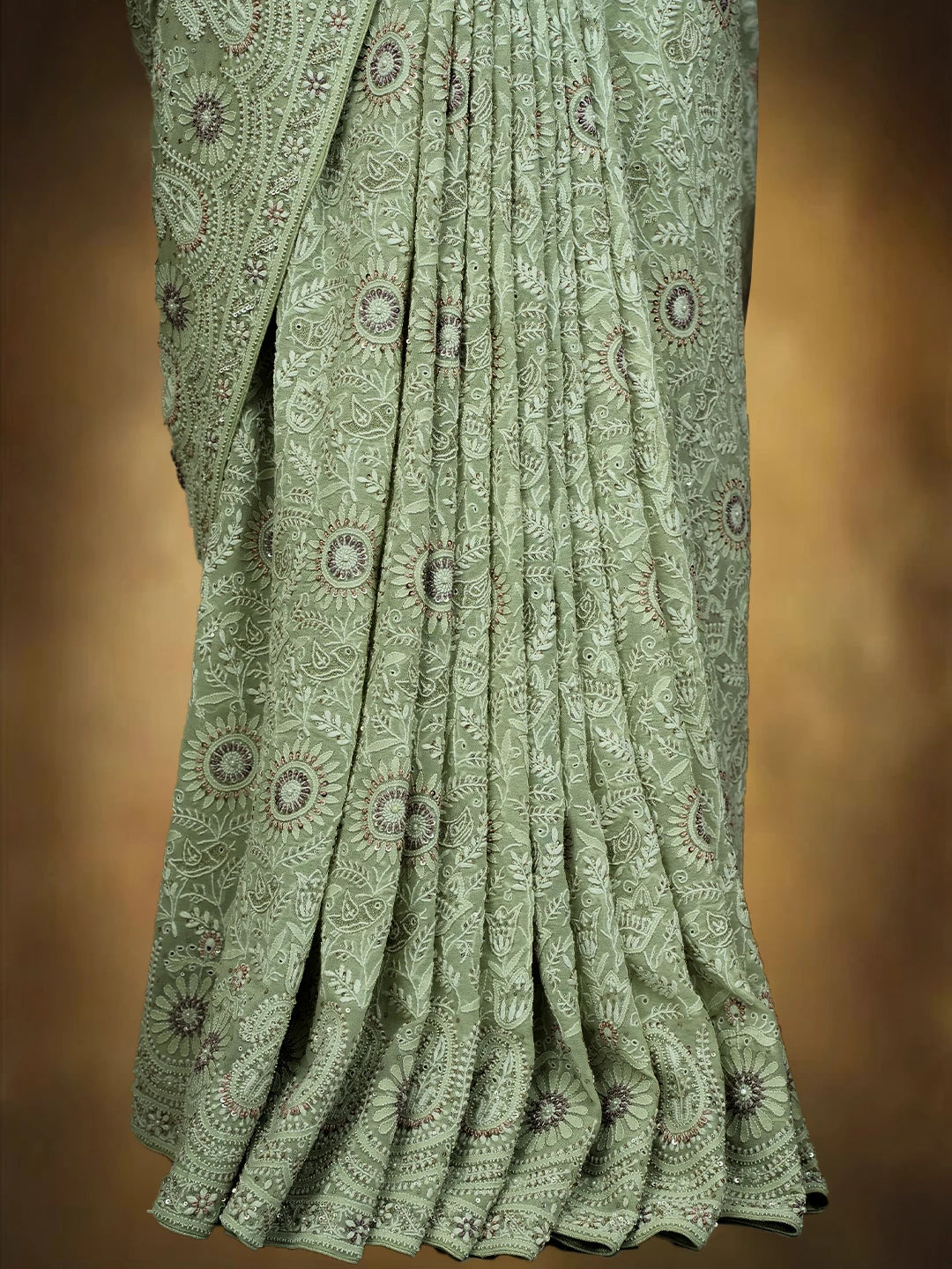 Ada Hand Embroidered Pista Green Pure Georgette Lucknowi Chikankari Saree/Blouse With Zari Work 01A132697