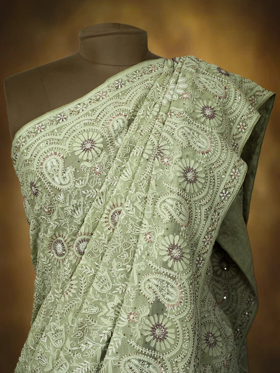 Ada Hand Embroidered Pista Green Pure Georgette Lucknowi Chikankari Saree/Blouse With Zari Work 01A132697