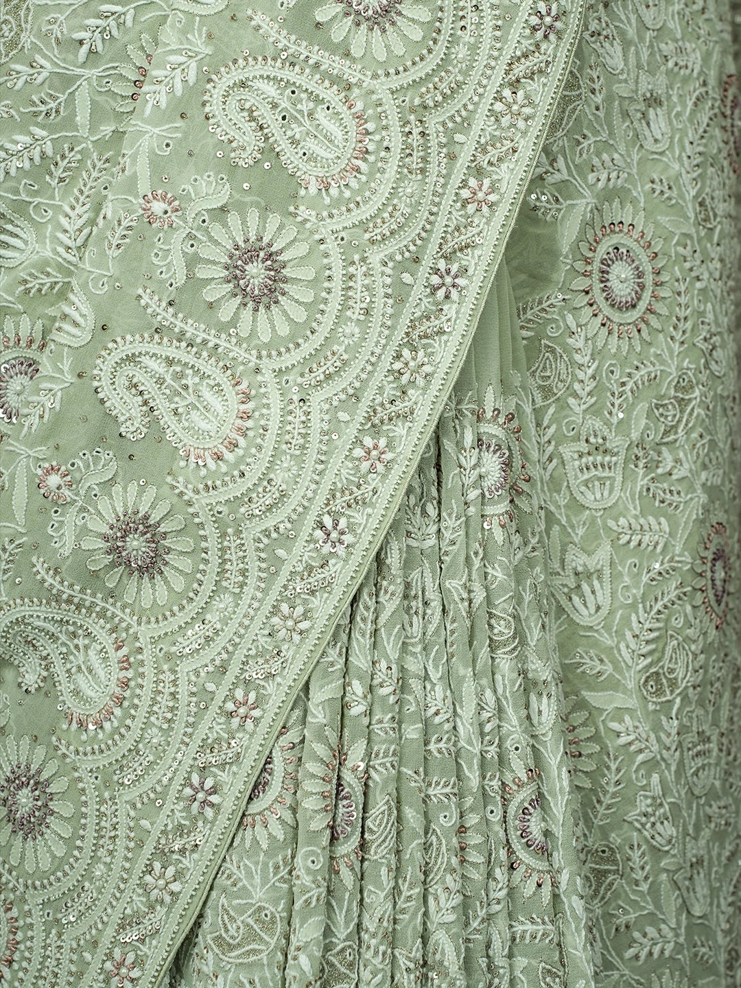 Ada Hand Embroidered Pista Green Pure Georgette Lucknowi Chikankari Saree/Blouse With Zari Work 01A132697