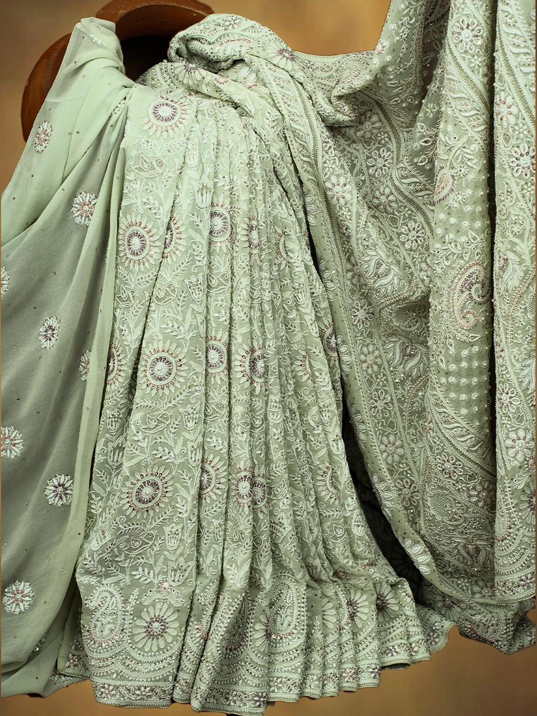 Ada Hand Embroidered Pista Green Pure Georgette Lucknowi Chikankari Saree/Blouse With Zari Work 01A132697
