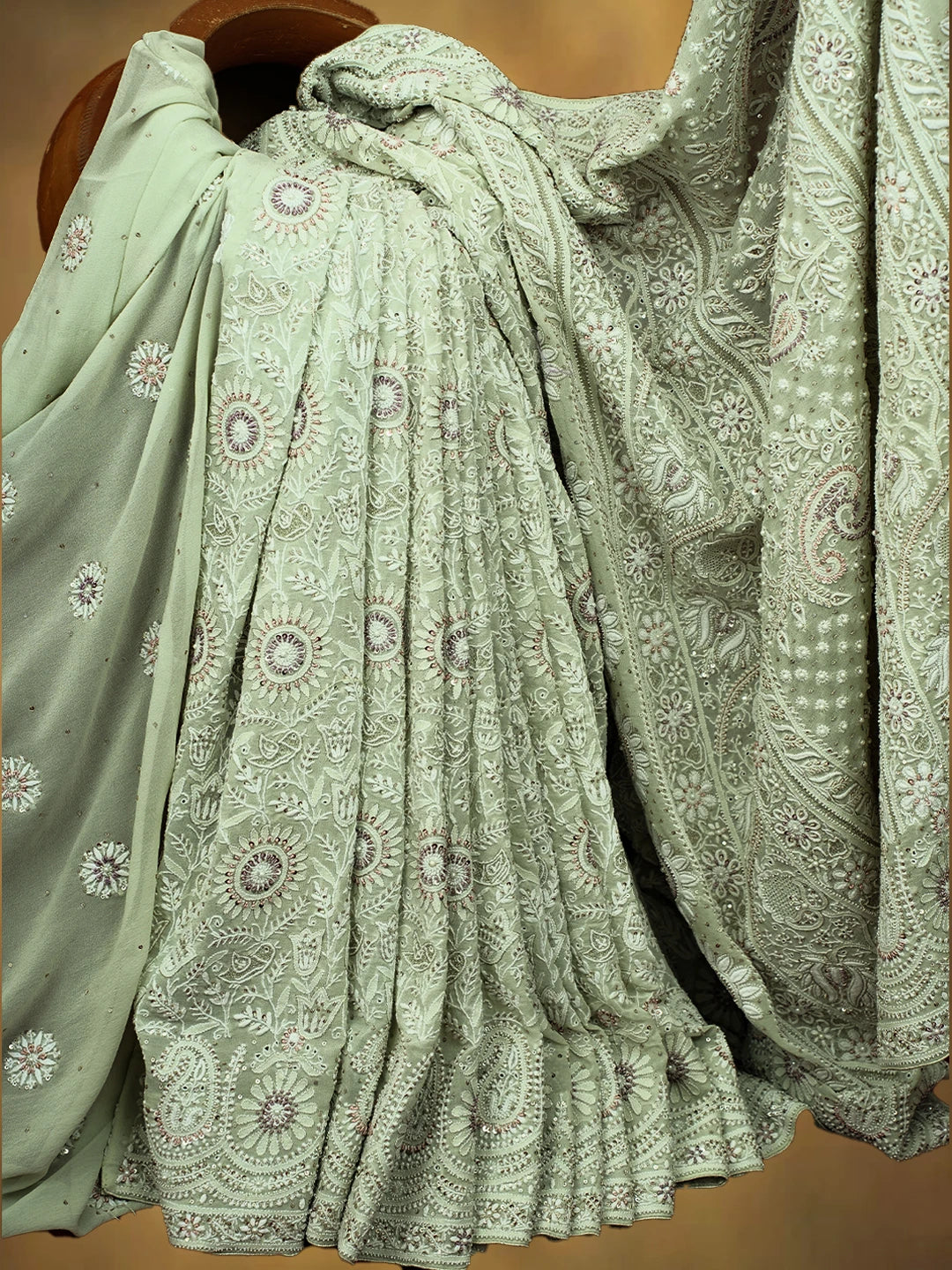 Ada Hand Embroidered Pista Green Pure Georgette Lucknowi Chikankari Saree/Blouse With Zari Work 01A132697