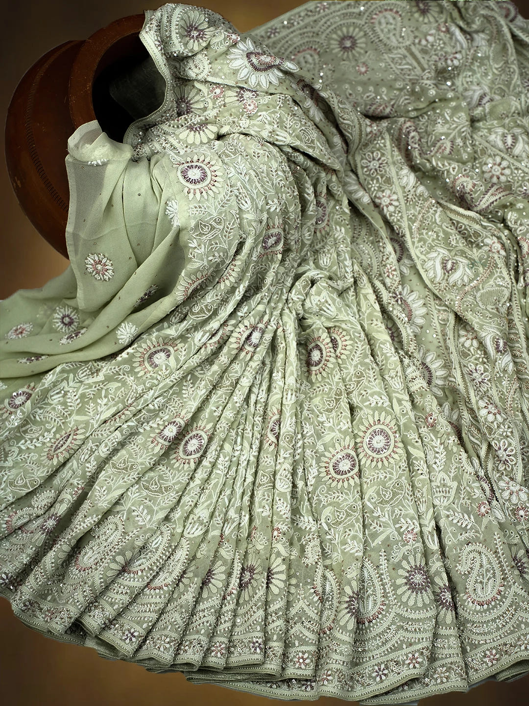 Ada Hand Embroidered Pista Green Pure Georgette Lucknowi Chikankari Saree/Blouse With Zari Work 01A132697