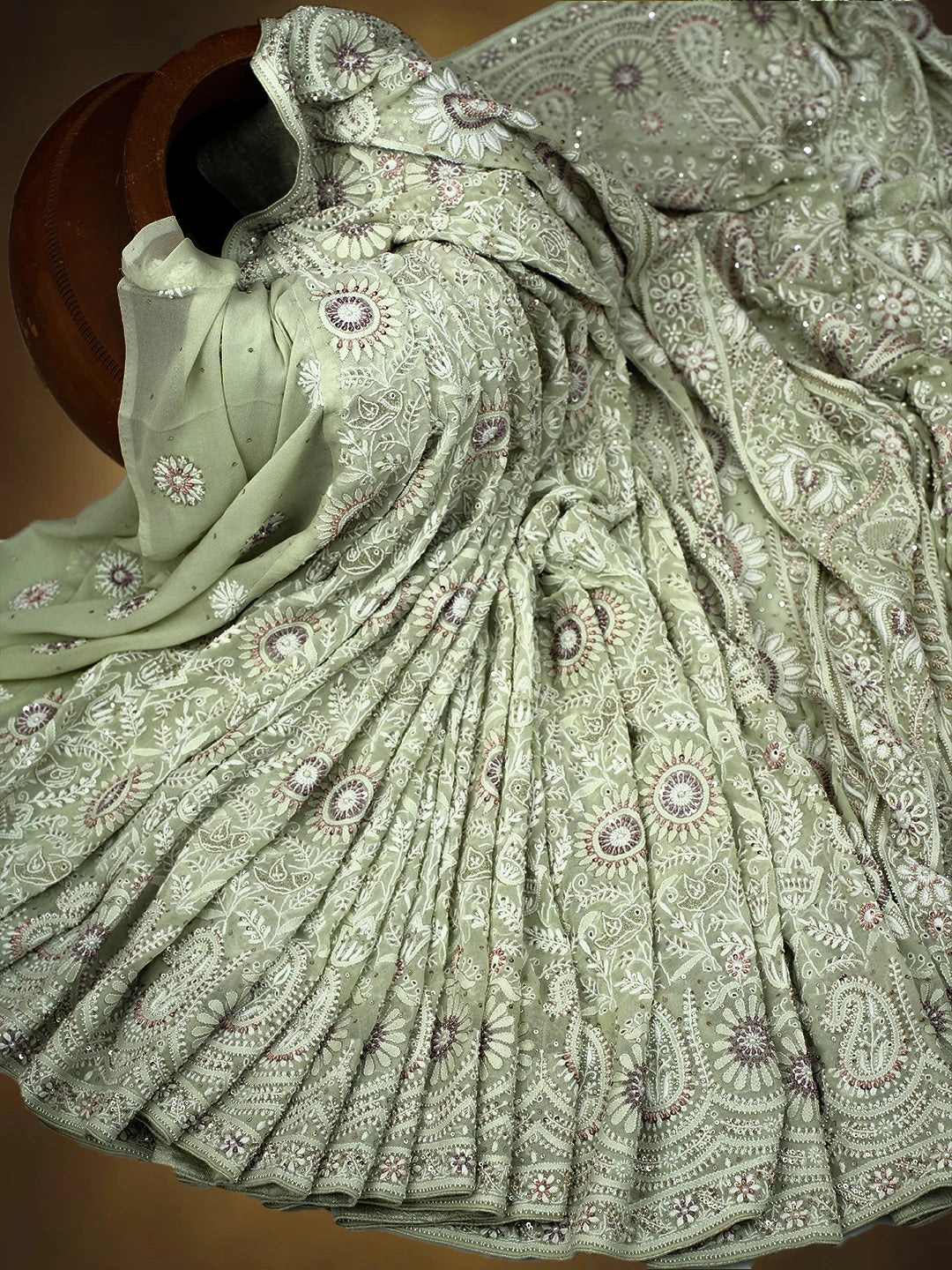 Ada Hand Embroidered Pista Green Pure Georgette Lucknowi Chikankari Saree/Blouse With Zari Work 01A132697