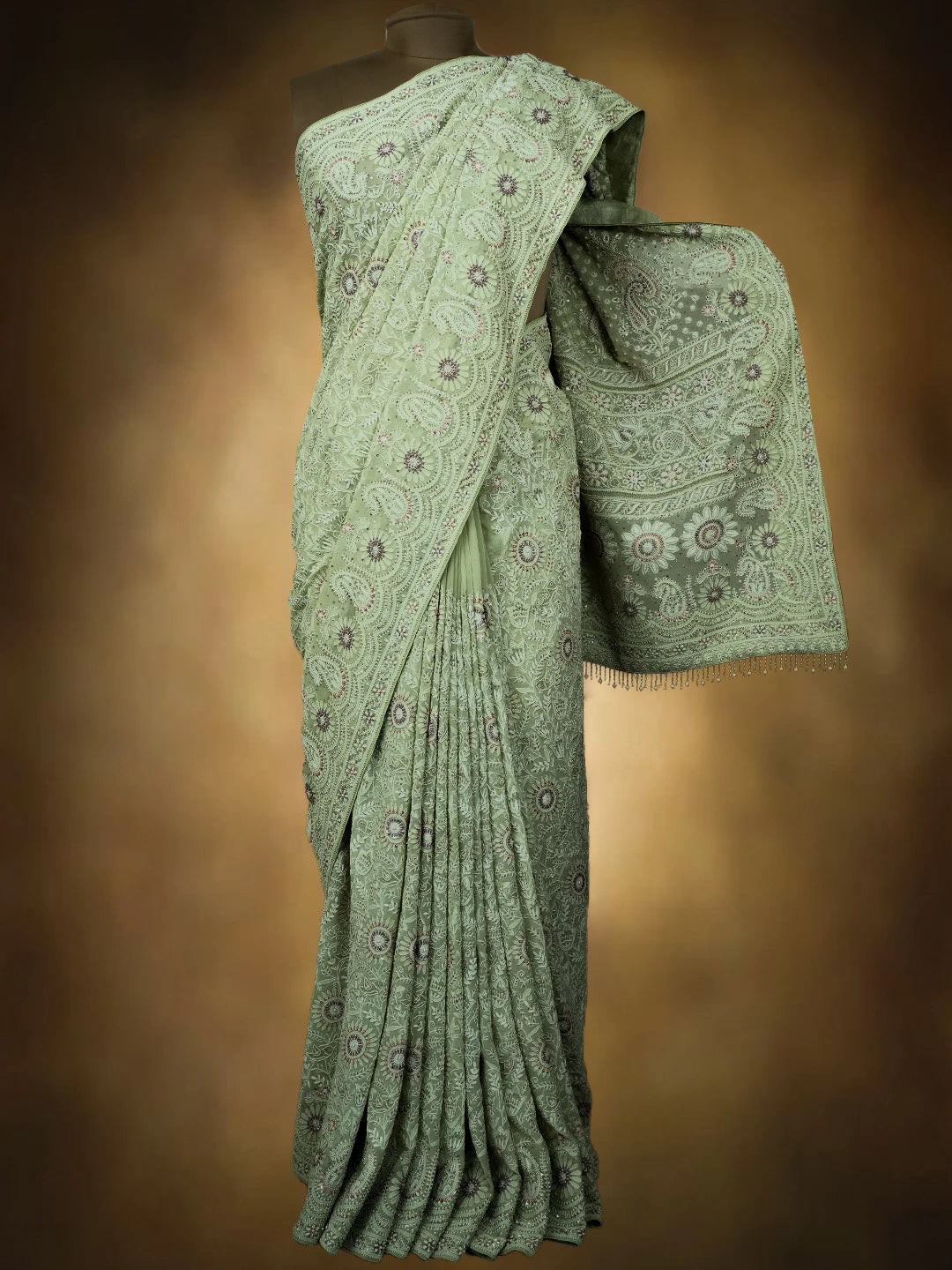 Ada Hand Embroidered Pista Green Pure Georgette Lucknowi Chikankari Saree/Blouse With Zari Work 01A132697