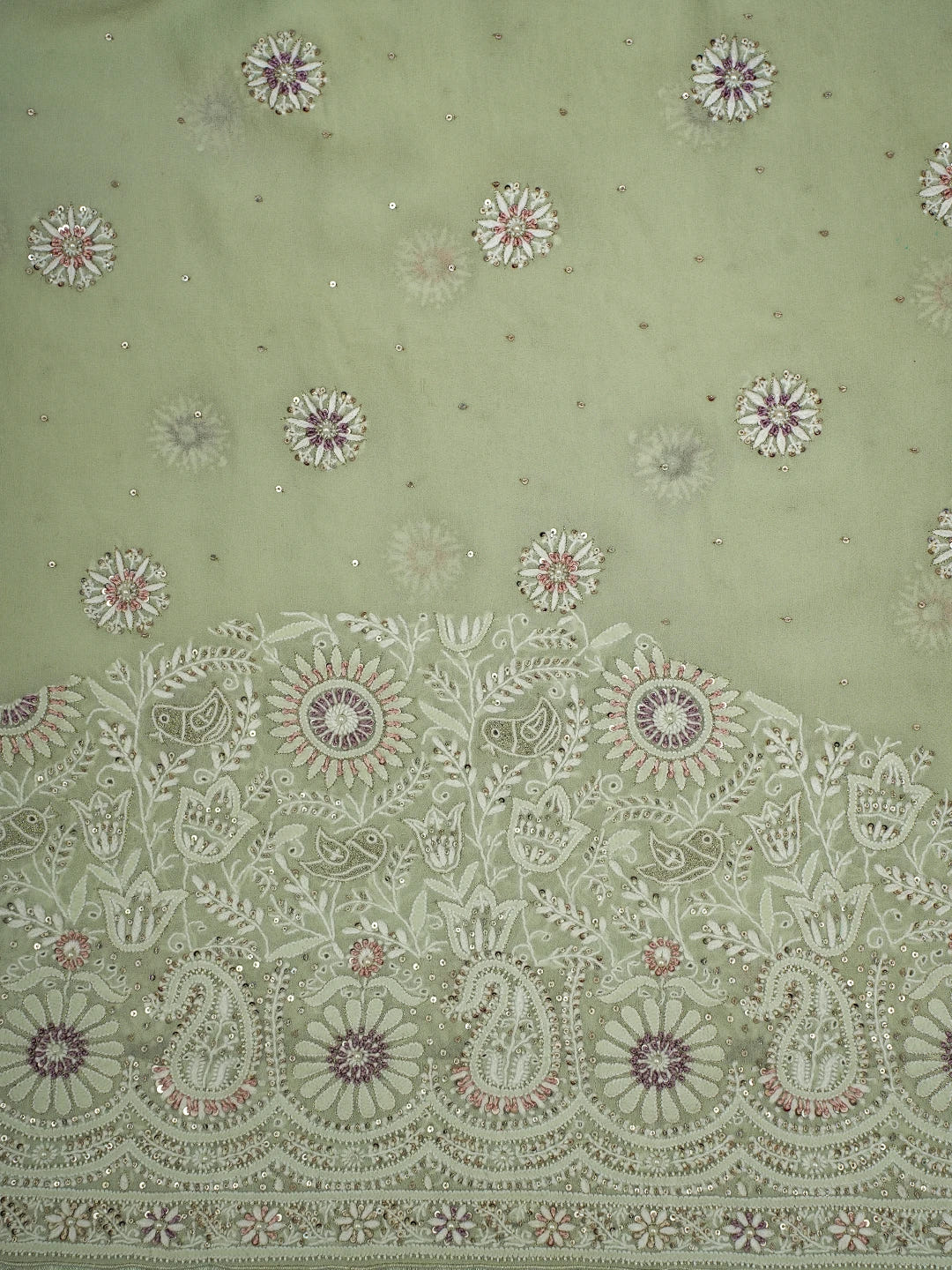 Ada Hand Embroidered Pista Green Pure Georgette Lucknowi Chikankari Saree/Blouse With Zari Work 01A132697