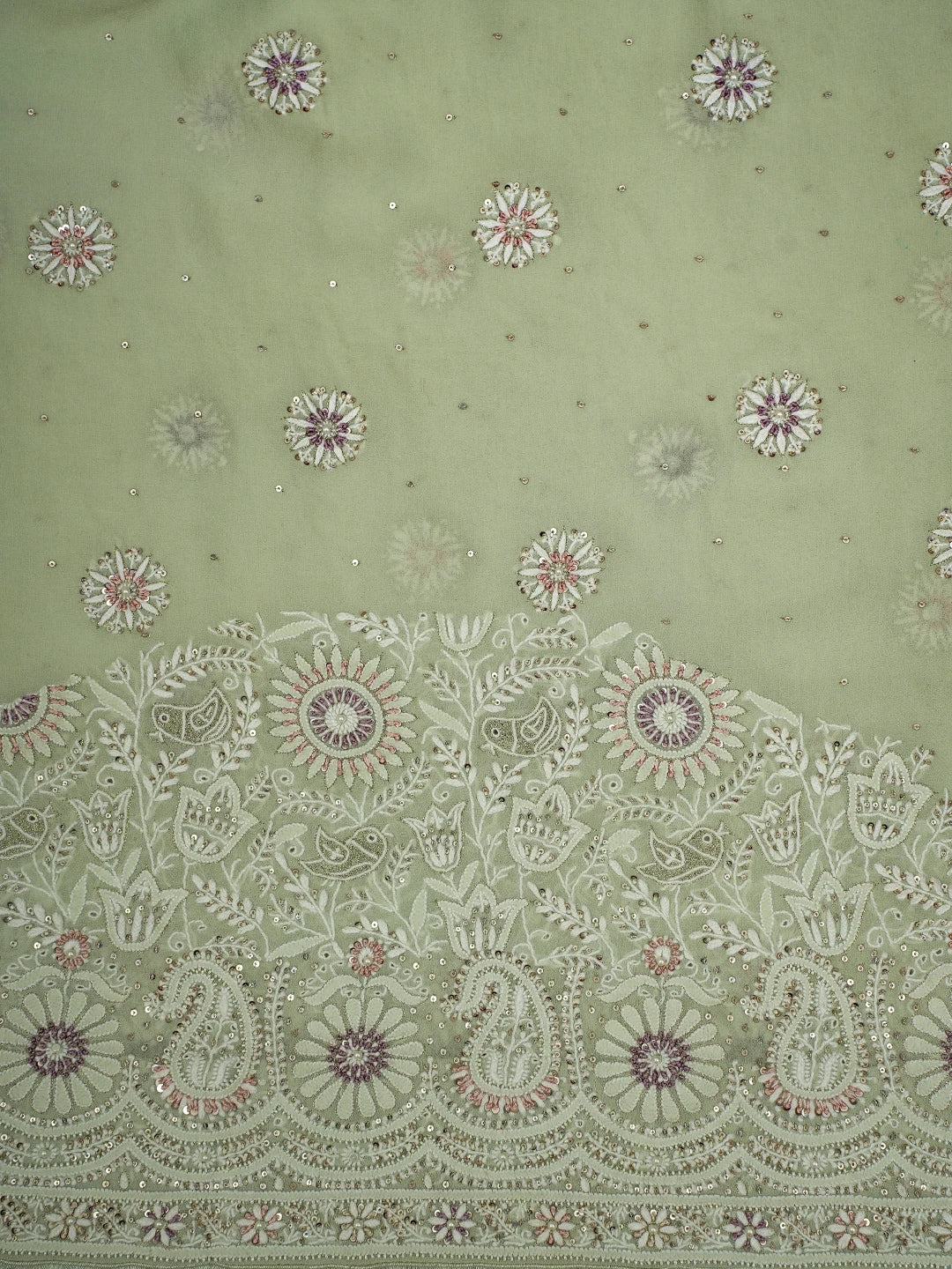 Ada Hand Embroidered Pista Green Pure Georgette Lucknowi Chikankari Saree/Blouse With Zari Work 01A132697