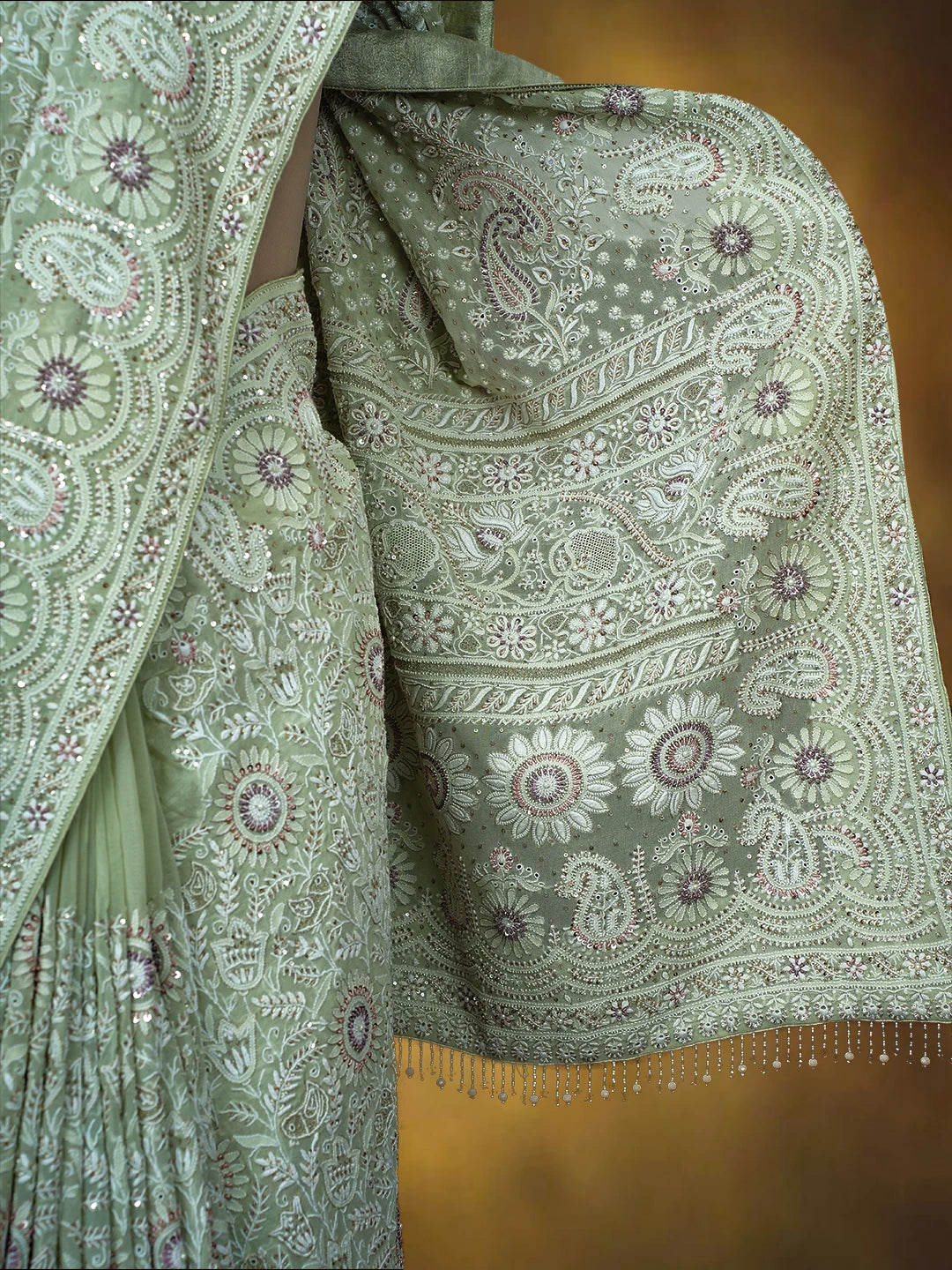 Ada Hand Embroidered Pista Green Pure Georgette Lucknowi Chikankari Saree/Blouse With Zari Work 01A132697