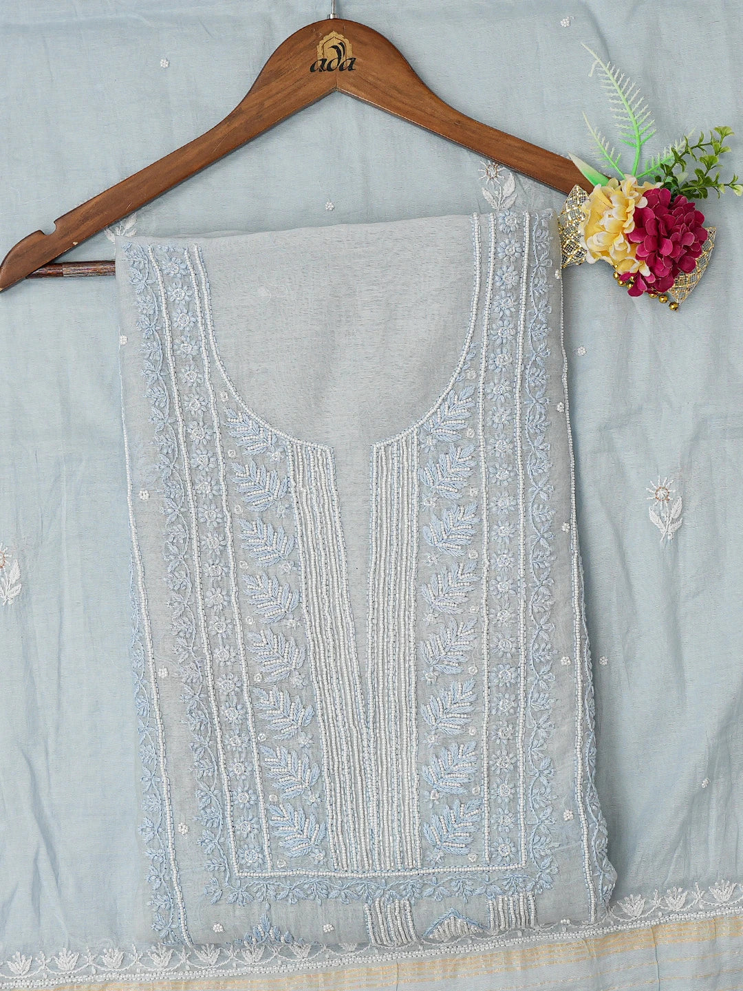 Ada Hand Embroidered Carolina Blue Chanderi Lucknowi Chikankari Unstitched Kurta Dupatta Set With Pearl Work 01A687556