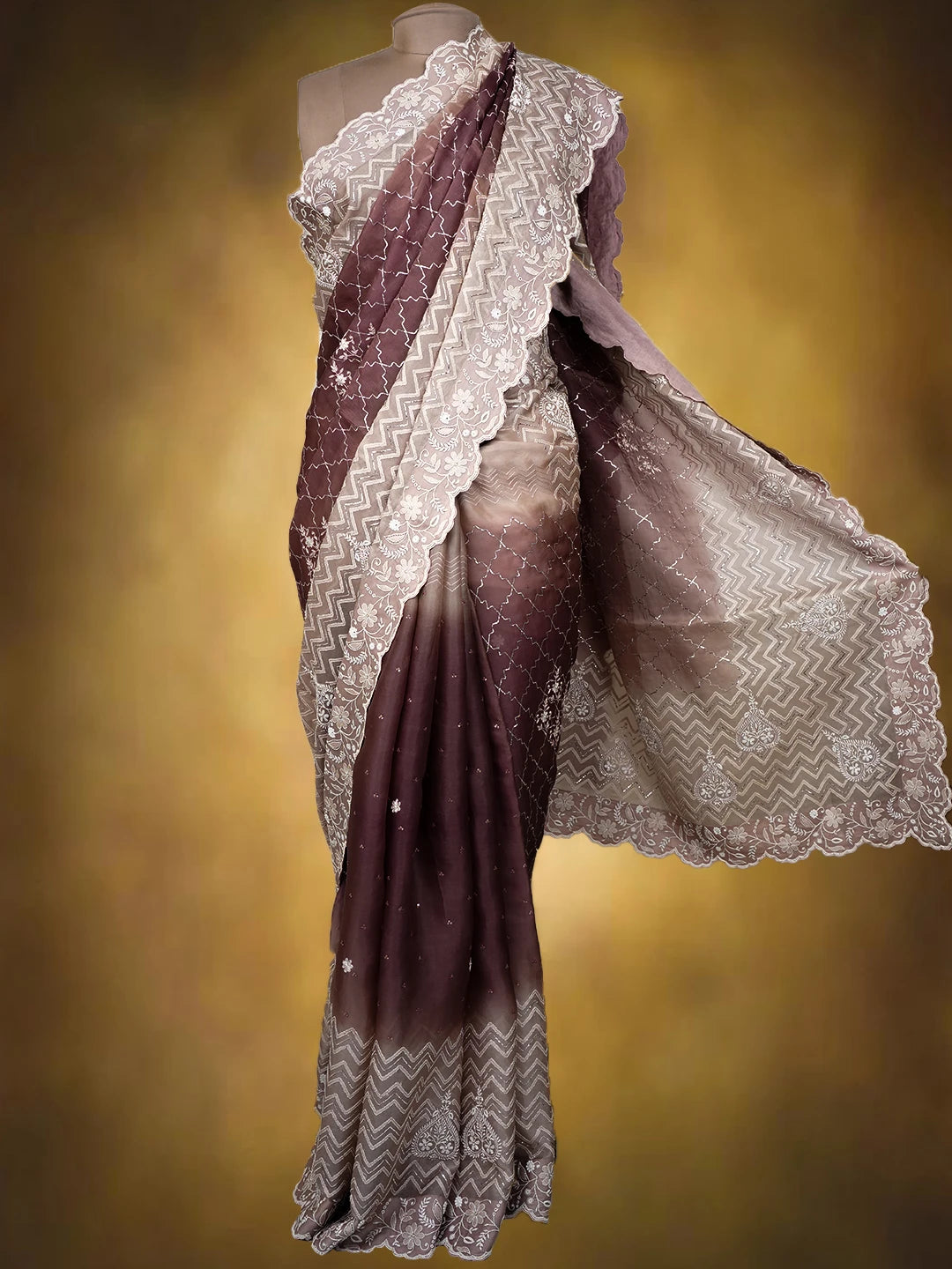 Ada Hand Embroidered Ombre Shade of Tea Rose Pink & Rose Taupe Pink Organza Lucknowi Chikankari Saree With Blouse And Cutdana Work 01A401416
