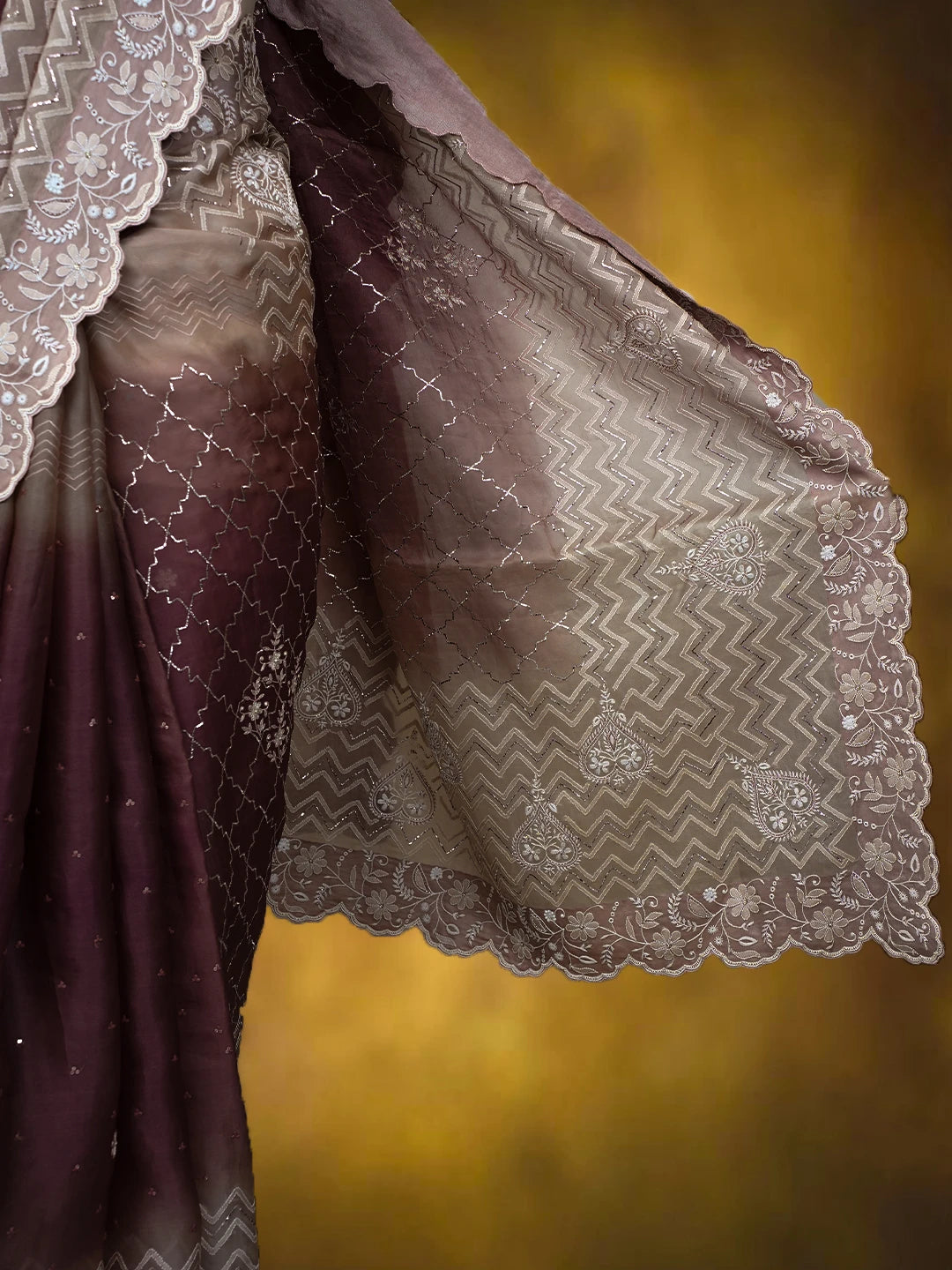 Ada Hand Embroidered Ombre Shade of Tea Rose Pink & Rose Taupe Pink Organza Lucknowi Chikankari Saree With Blouse And Cutdana Work 01A401416